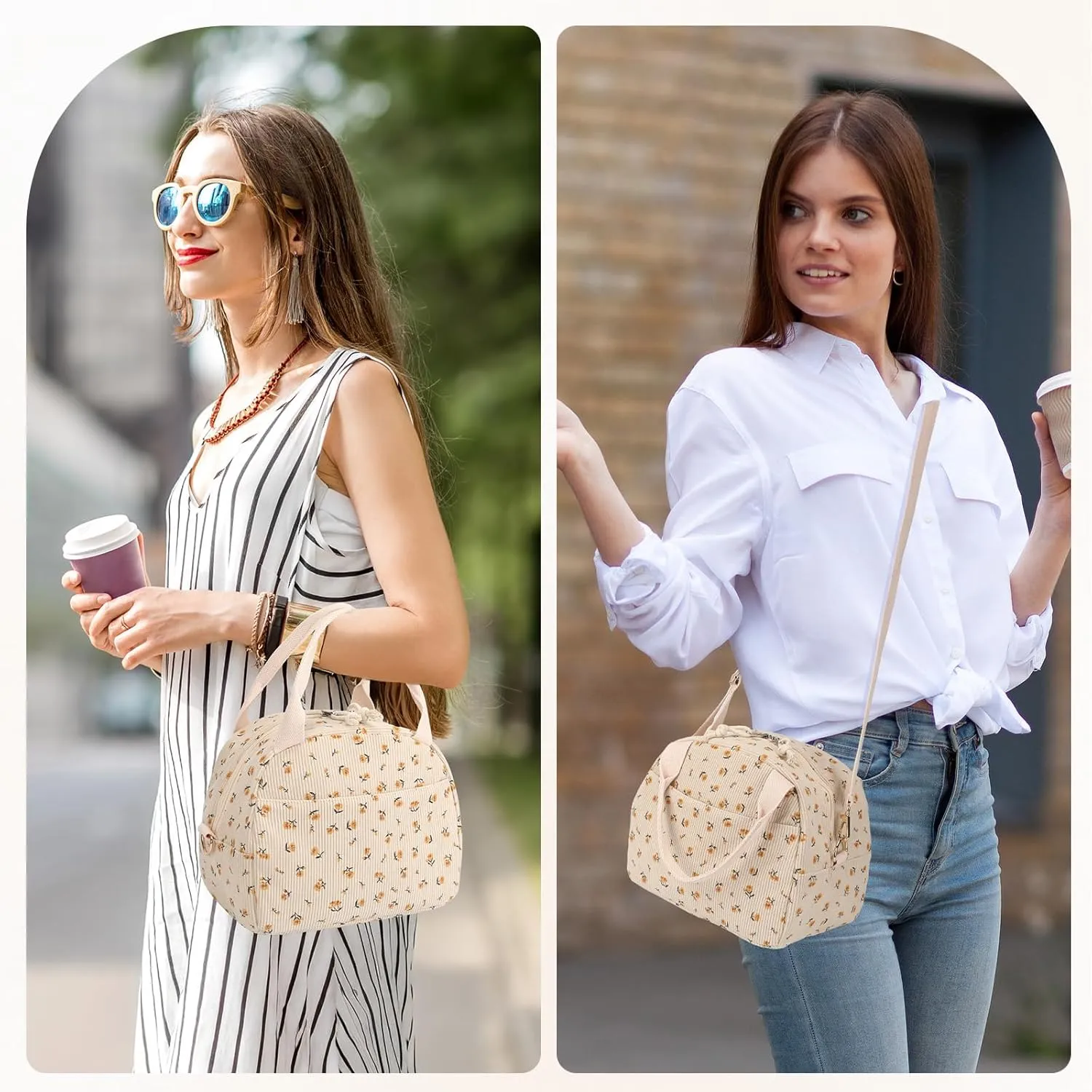 Lunch Bag Women with Shoulder Strap【Large Capacity】【Strengthen Insulation】【Durable ＆ Waterproof】 Cute Corduroy Lunch Tote Bag, Reusable Insulated Lunch Box/Cooler for Women/Girl/Men, Brown-Flower