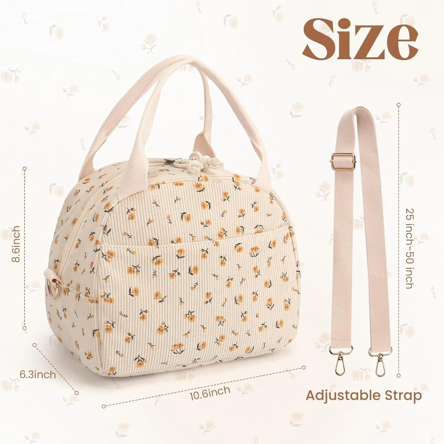Lunch Bag Women with Shoulder Strap【Large Capacity】【Strengthen Insulation】【Durable ＆ Waterproof】 Cute Corduroy Lunch Tote Bag, Reusable Insulated Lunch Box/Cooler for Women/Girl/Men, Brown-Flower