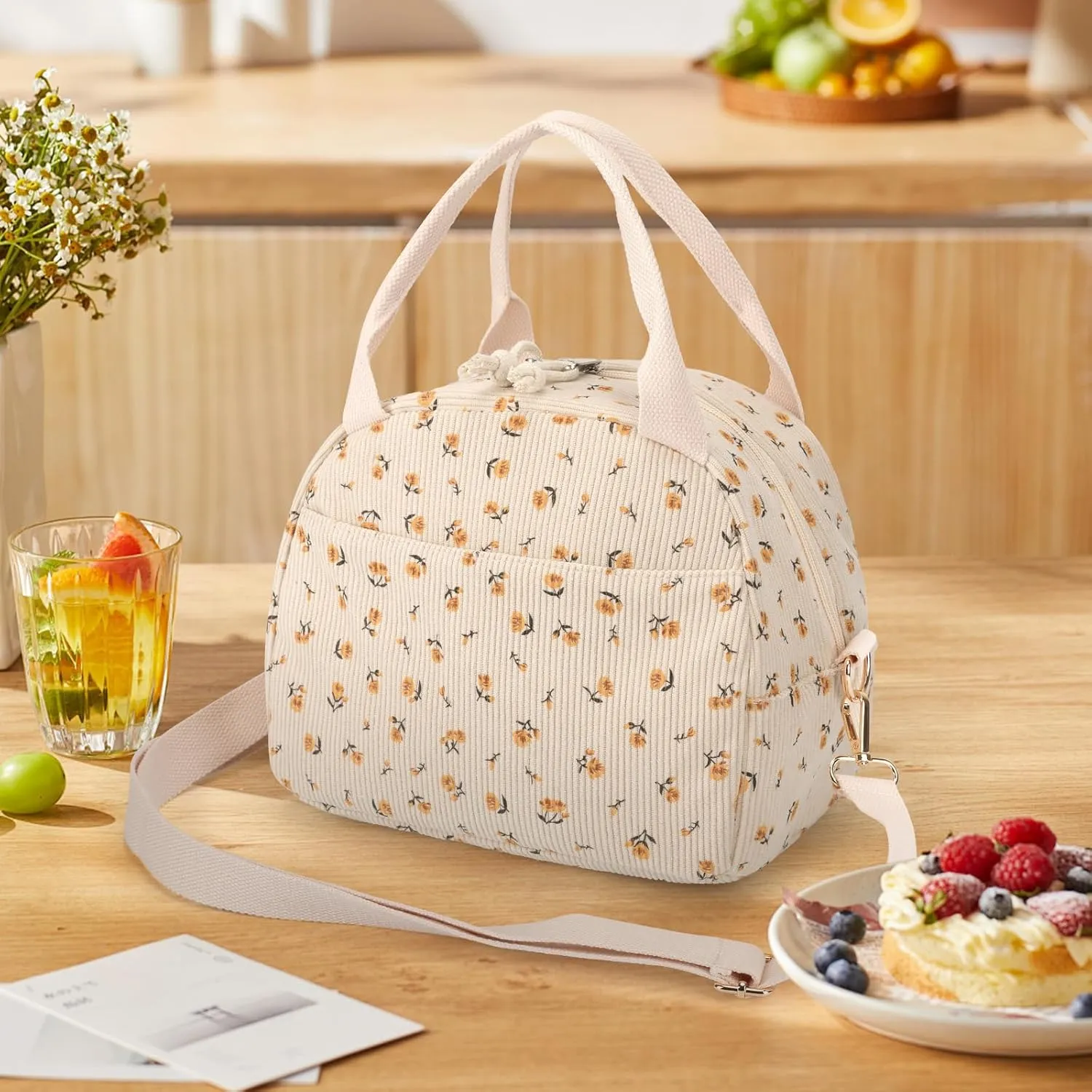 Lunch Bag Women with Shoulder Strap【Large Capacity】【Strengthen Insulation】【Durable ＆ Waterproof】 Cute Corduroy Lunch Tote Bag, Reusable Insulated Lunch Box/Cooler for Women/Girl/Men, Brown-Flower