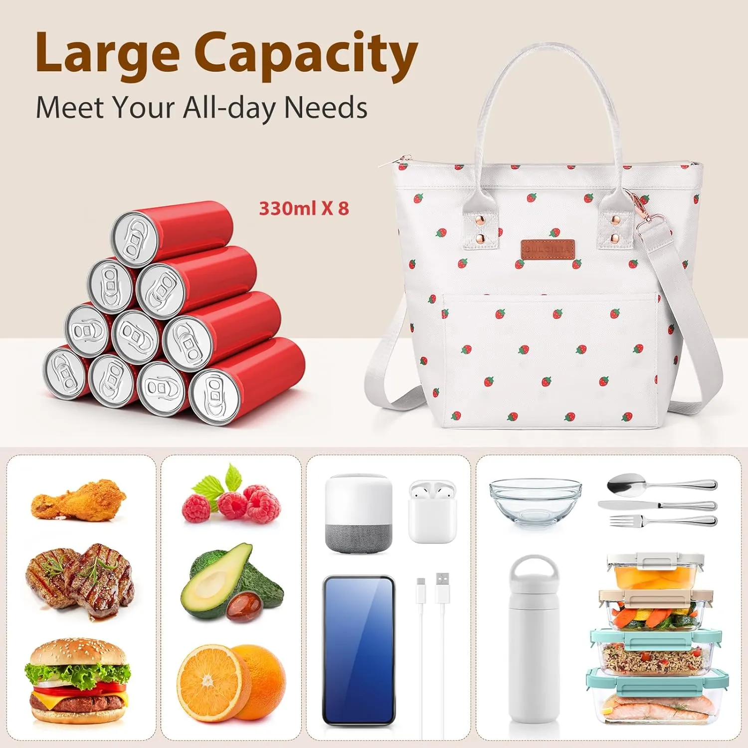 Lunch Box for Women/Men - Adult Insulated Lunch Bag with Snack Bag, Portable Reusable Waterproof Lunch Tote Bags with Adjustable Shoulder Strap for Work,Travel,Outdoor（beige）