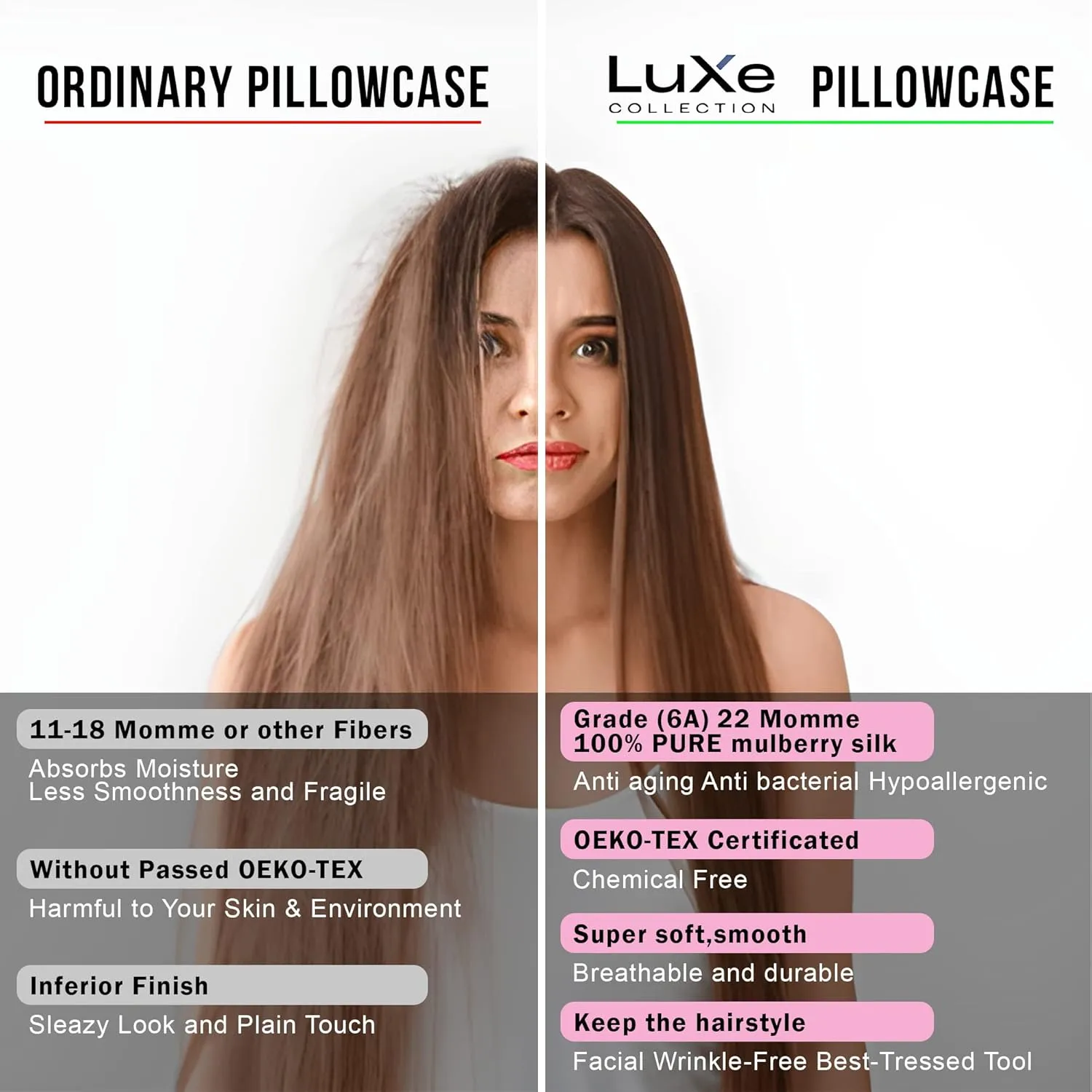 Luxe 100% Pure Mulberry Silk Pillow Covers - 26 x 20 | Silk Pillowcase for Hair and Skin | Super Soft and Breathable Standard Size | Nature Silk Pillowcases with Matching Eye Mask Travel Bag (Silver)