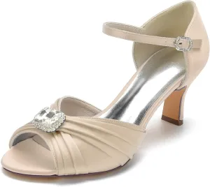 Luxurious Crystal-Adorned Silk-Effect Heels: Sparkling Open-Toe Design, 2.5" Stabilizing Block Heel Breathable Support for Bridal Elegance to Cocktail Glamour