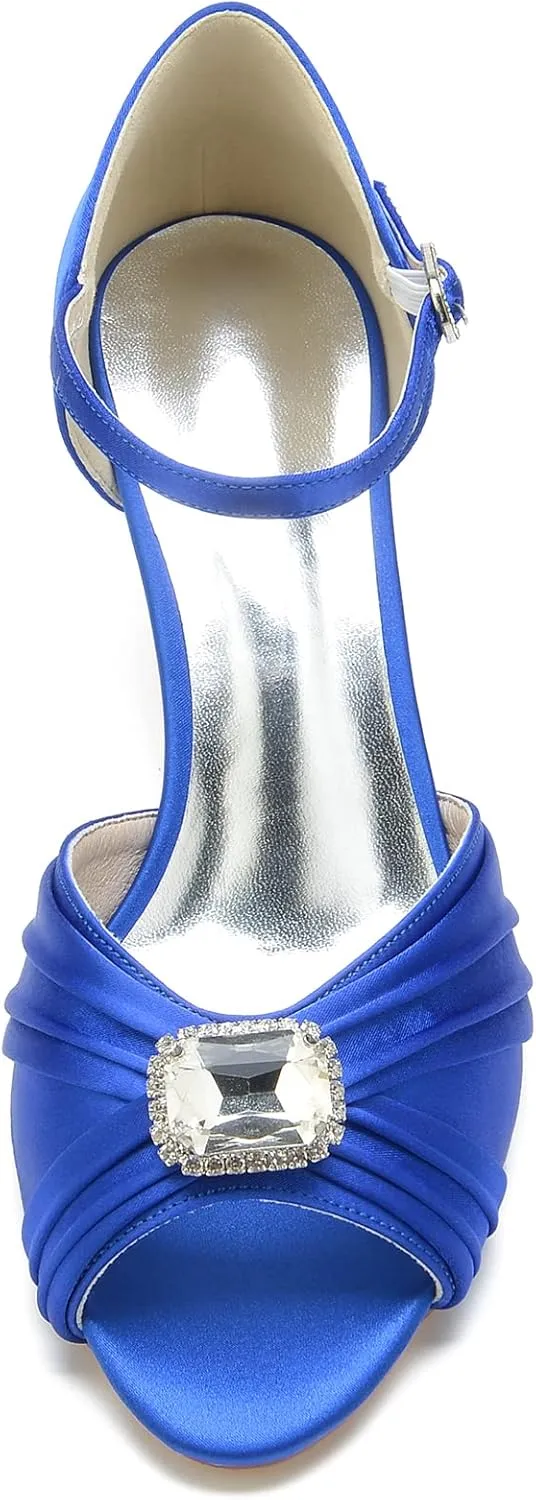 Luxurious Crystal-Adorned Silk-Effect Heels: Sparkling Open-Toe Design, 2.5" Stabilizing Block Heel Breathable Support for Bridal Elegance to Cocktail Glamour
