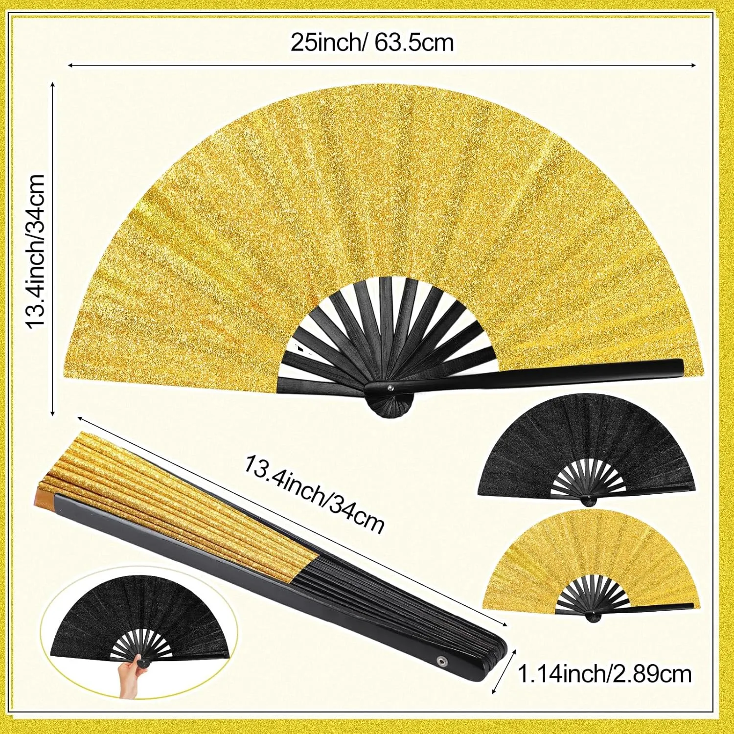 Maitys Large Folding Hand Silk Fans Chinese Handheld Tai Ji Fan for Men and Women, Festival, Line Dance, Kungfu, Martial Art, Gift(Glitter Black and Gold,2 Packs)