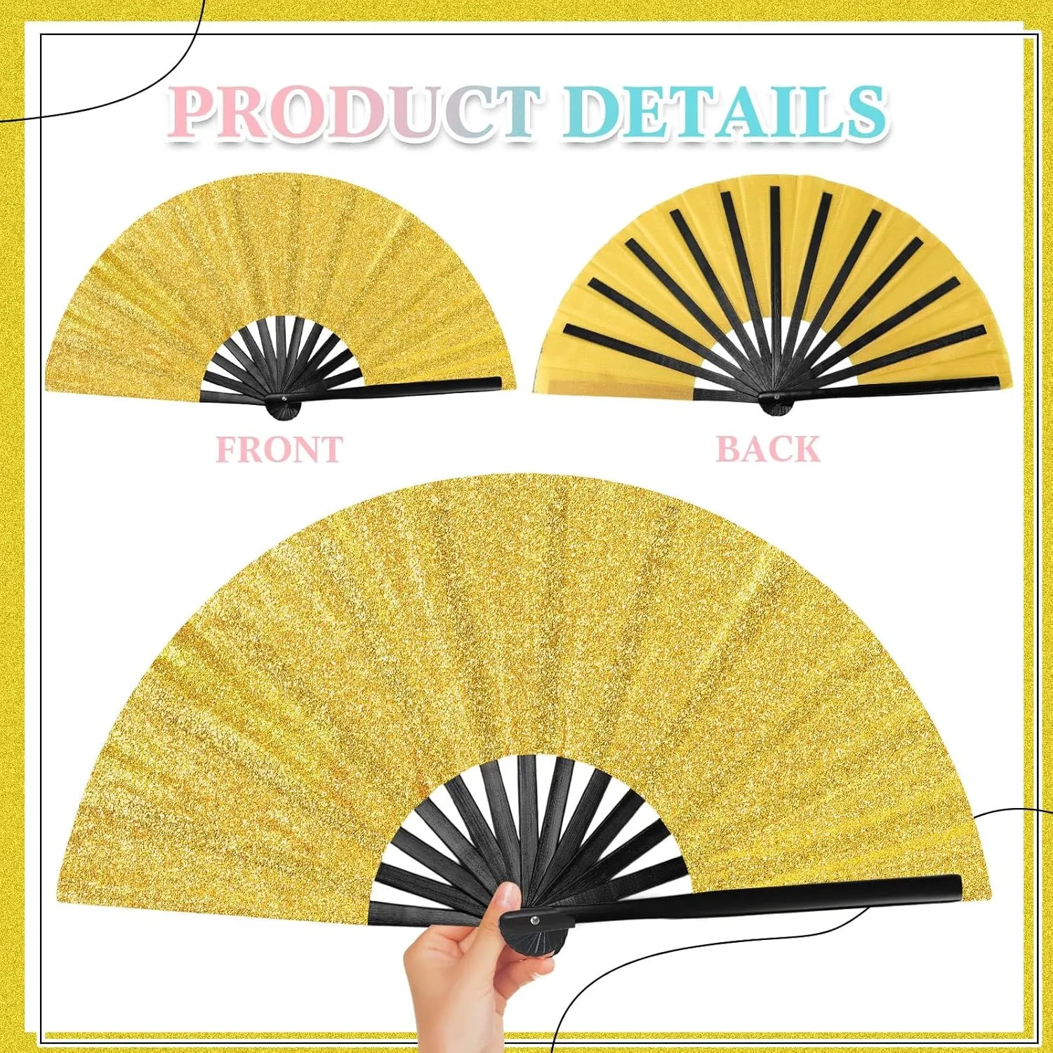 Maitys Large Folding Hand Silk Fans Chinese Handheld Tai Ji Fan for Men and Women, Festival, Line Dance, Kungfu, Martial Art, Gift(Glitter Black and Gold,2 Packs)
