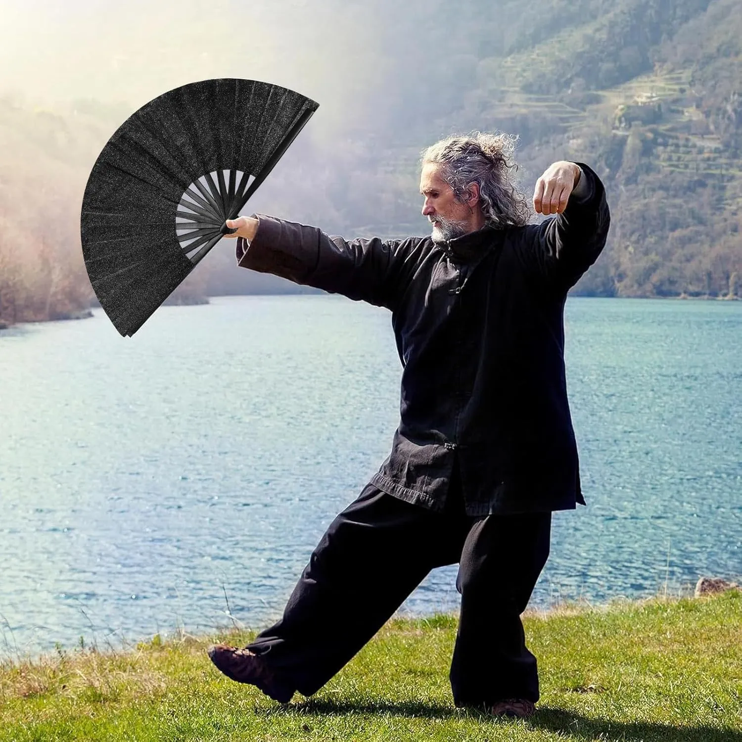 Maitys Large Folding Hand Silk Fans Chinese Handheld Tai Ji Fan for Men and Women, Festival, Line Dance, Kungfu, Martial Art, Gift(Glitter Black and Gold,2 Packs)