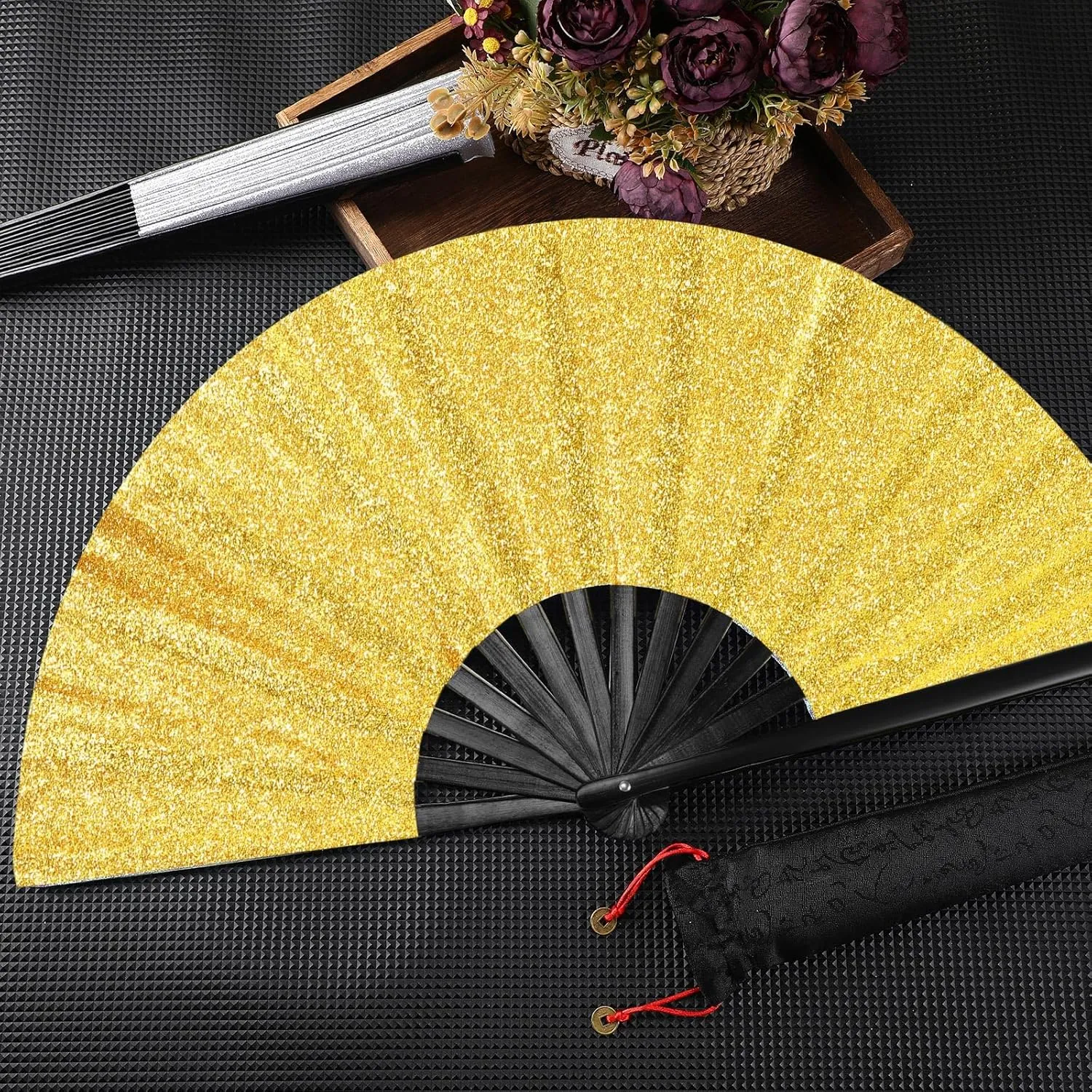Maitys Large Folding Hand Silk Fans Chinese Handheld Tai Ji Fan for Men and Women, Festival, Line Dance, Kungfu, Martial Art, Gift(Glitter Black and Gold,2 Packs)