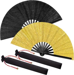 Maitys Large Folding Hand Silk Fans Chinese Handheld Tai Ji Fan for Men and Women, Festival, Line Dance, Kungfu, Martial Art, Gift(Glitter Black and Gold,2 Packs)