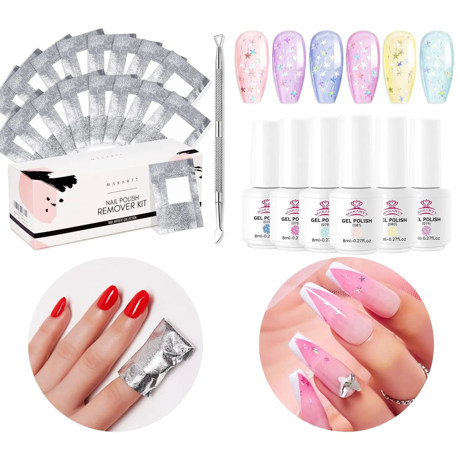 Makartt Jelly Gel Nail Polish Set and Nail Poliah Gel Remover Foil Wraps Bundle, Clear Glitter Pink Blue Gel Nail Polish Kit with Irrides, 200pcs Foil Wraps with Larger Cotton Pad 1 pcs Cuticle Pusher