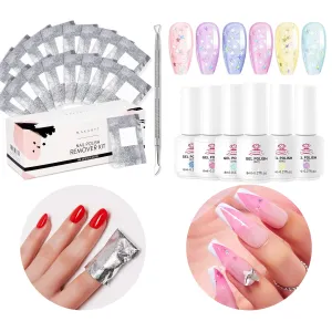 Makartt Jelly Gel Nail Polish Set and Nail Poliah Gel Remover Foil Wraps Bundle, Clear Glitter Pink Blue Gel Nail Polish Kit with Irrides, 200pcs Foil Wraps with Larger Cotton Pad 1 pcs Cuticle Pusher
