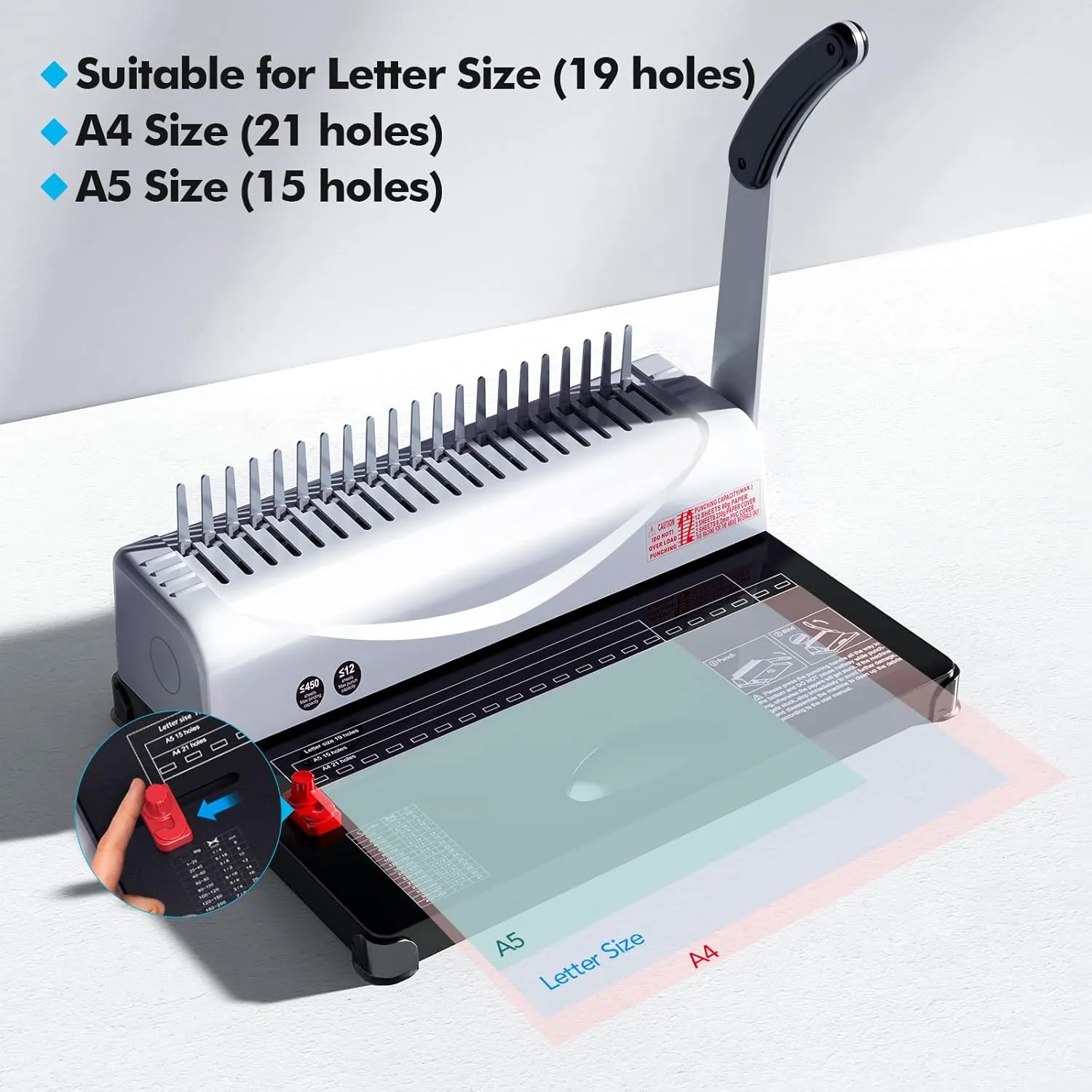 MAKEASY Binding Machine, 21-Hole, 450 Sheets, Comb Binding Machines with 1 Box Comb Bindings Spines, Comb Binder for Letter Size, A4, A5 Paper