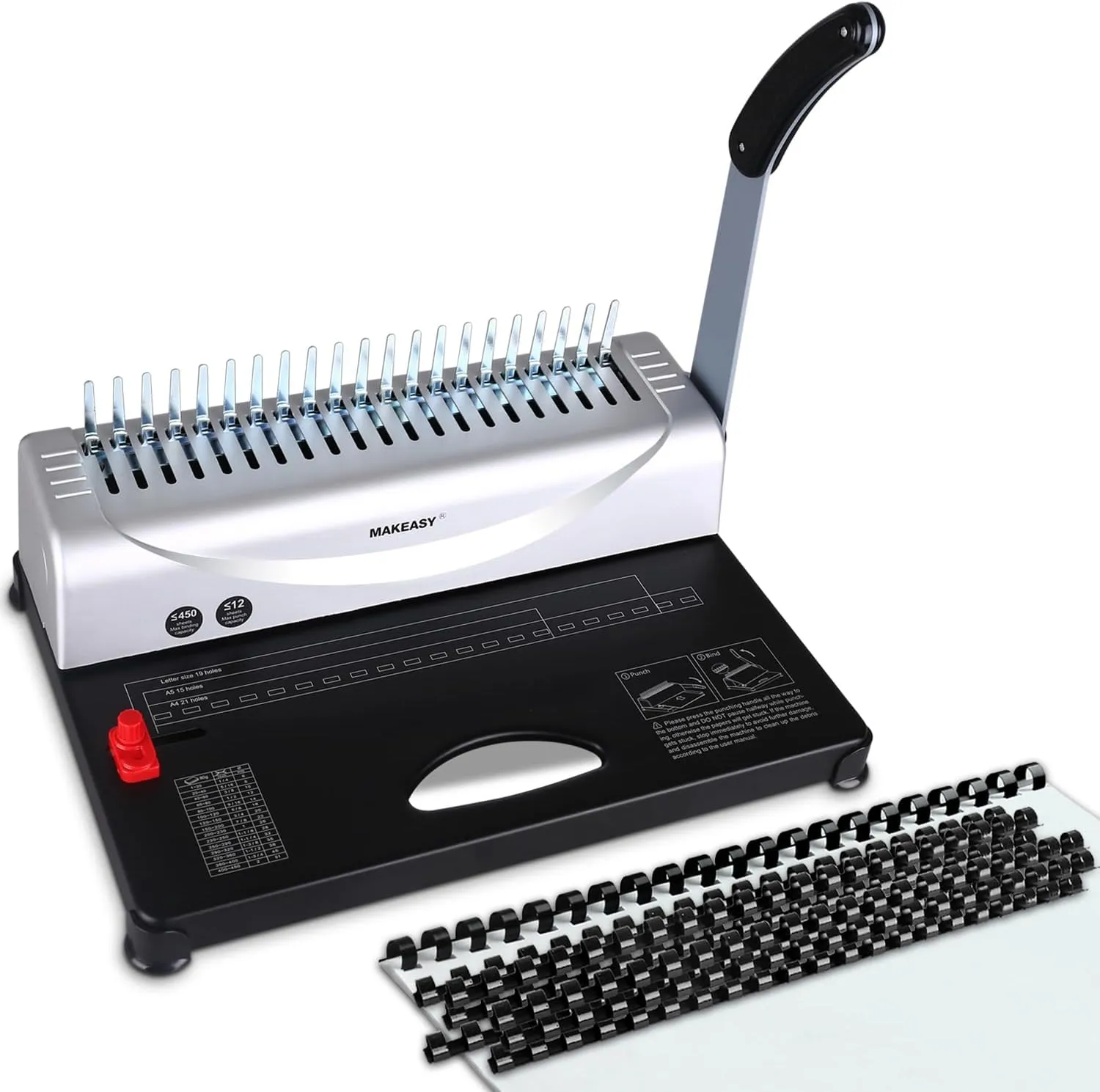 MAKEASY Binding Machine, 21-Hole, 450 Sheets, Comb Binding Machines with 1 Box Comb Bindings Spines, Comb Binder for Letter Size, A4, A5 Paper