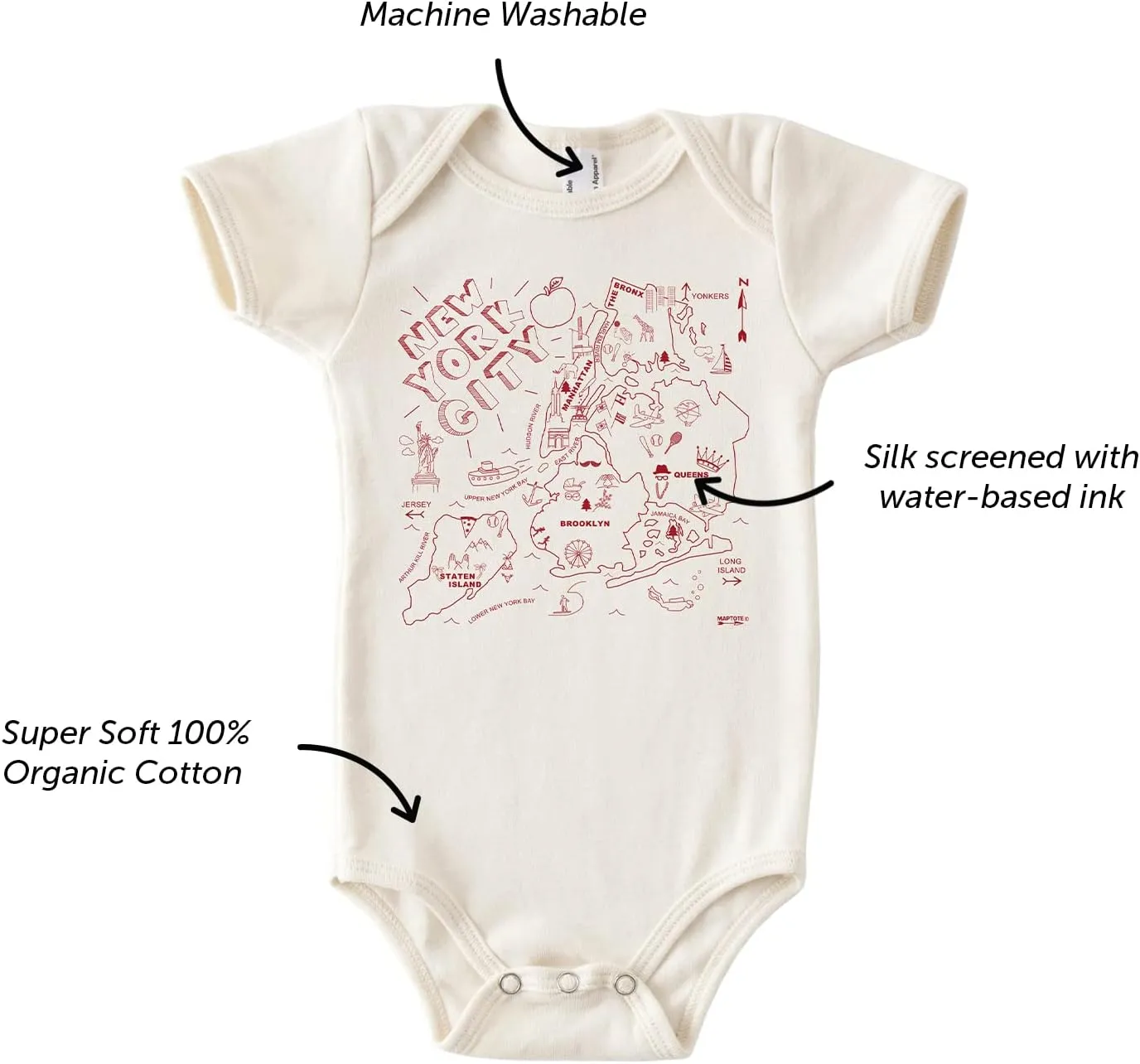 MAPTOTE Map One Piece-Unisex Baby Organic Cotton Short Sleeve Bodysuits-Various Sizes 3-18 Months-City Specific-Made in USA