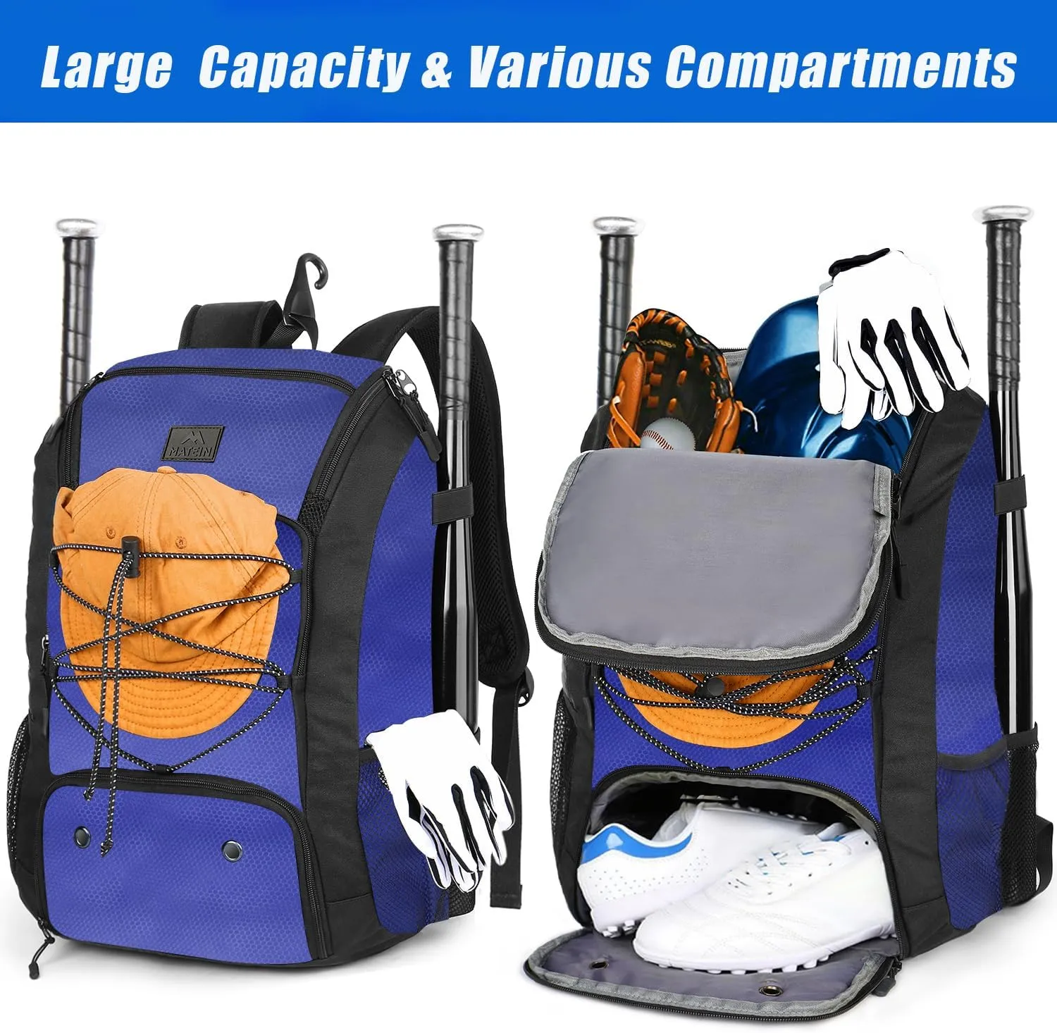 MATEIN Baseball Backpack, Softball Bat Bag with Shoes Compartment for Youth, Boys and Adult, Lightweight Baseball Bag with Fence Hook Hold TBall Bat, Batting Mitten, Helmet, Caps, Teeball Gear