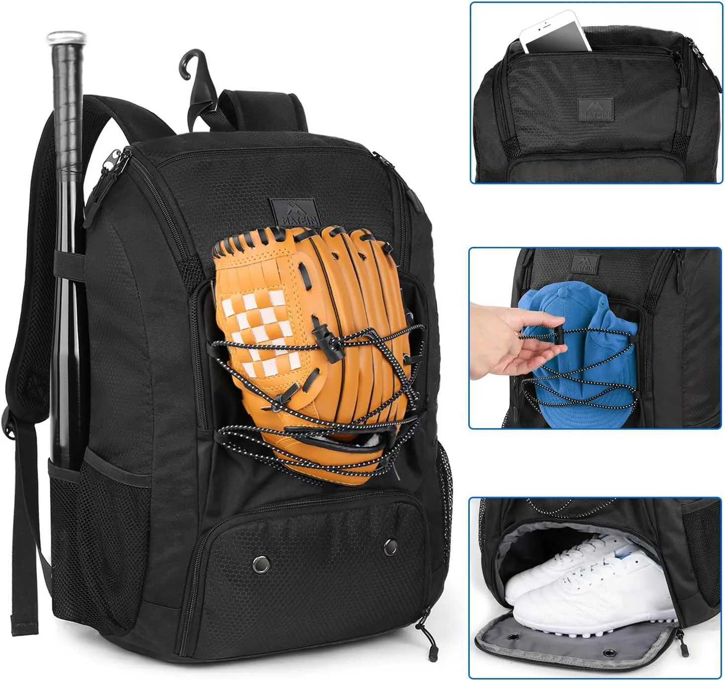 MATEIN Baseball Backpack, Softball Bat Bag with Shoes Compartment for Youth, Boys and Adult, Lightweight Baseball Bag with Fence Hook Hold TBall Bat, Batting Mitten, Helmet, Caps, Teeball Gear