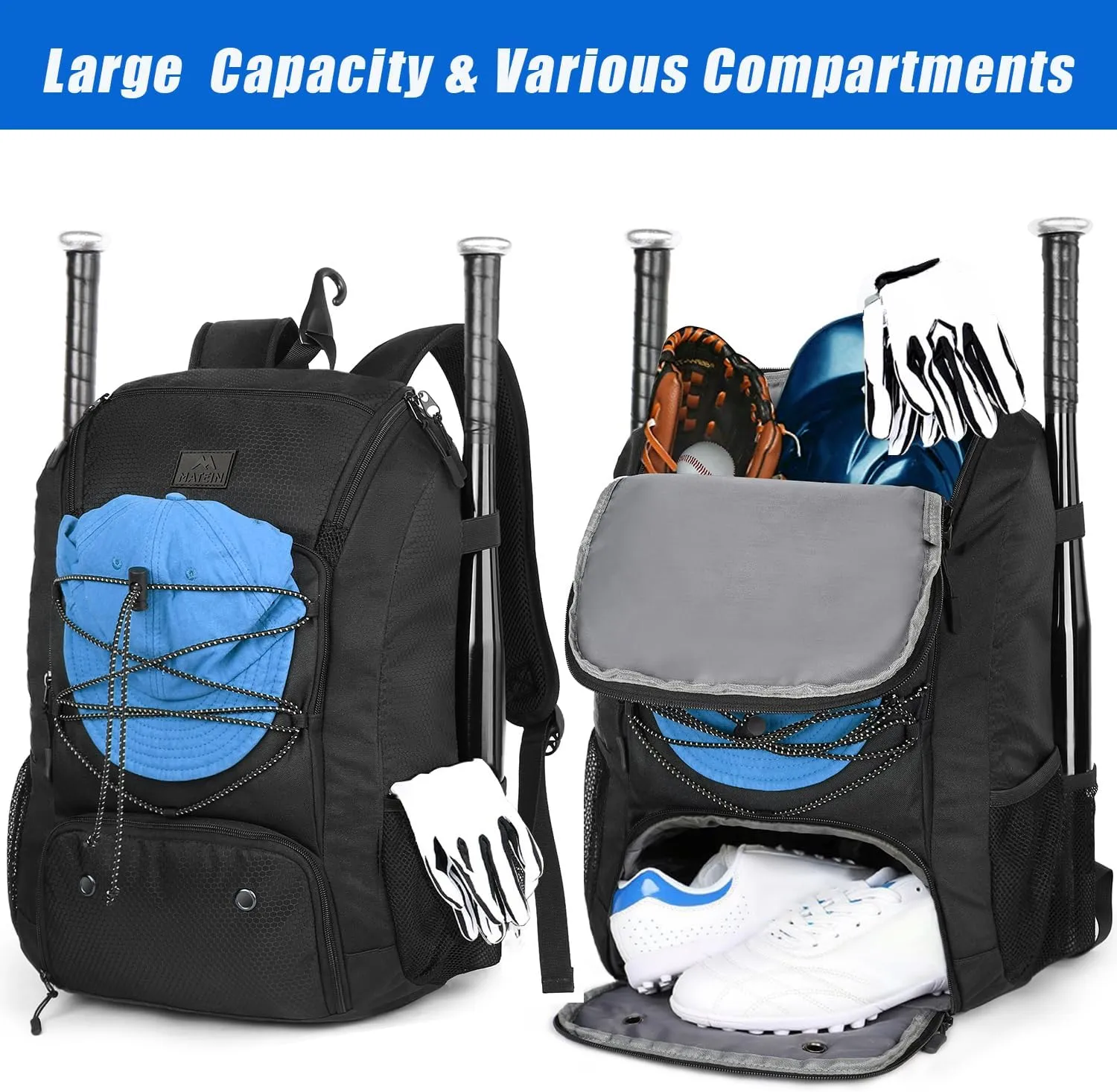 MATEIN Baseball Backpack, Softball Bat Bag with Shoes Compartment for Youth, Boys and Adult, Lightweight Baseball Bag with Fence Hook Hold TBall Bat, Batting Mitten, Helmet, Caps, Teeball Gear