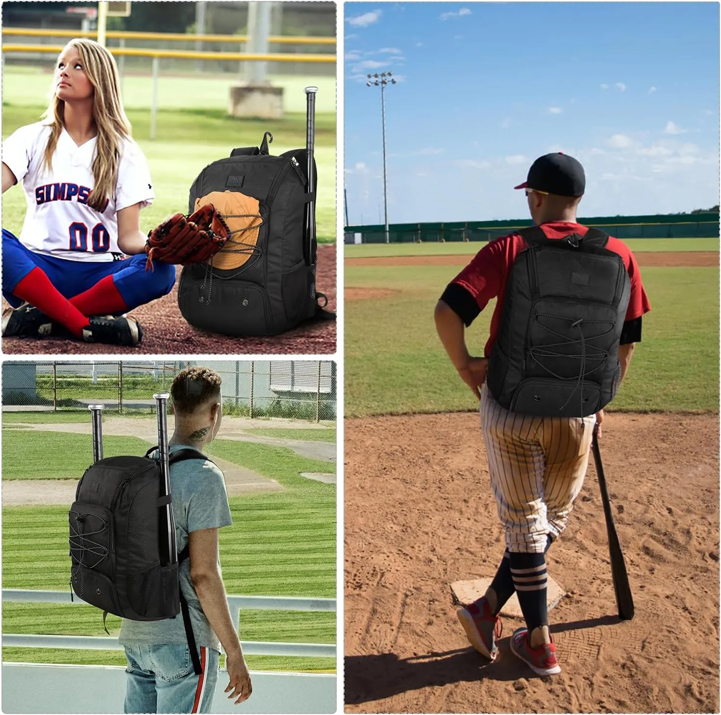 MATEIN Baseball Backpack, Softball Bat Bag with Shoes Compartment for Youth, Boys and Adult, Lightweight Baseball Bag with Fence Hook Hold TBall Bat, Batting Mitten, Helmet, Caps, Teeball Gear