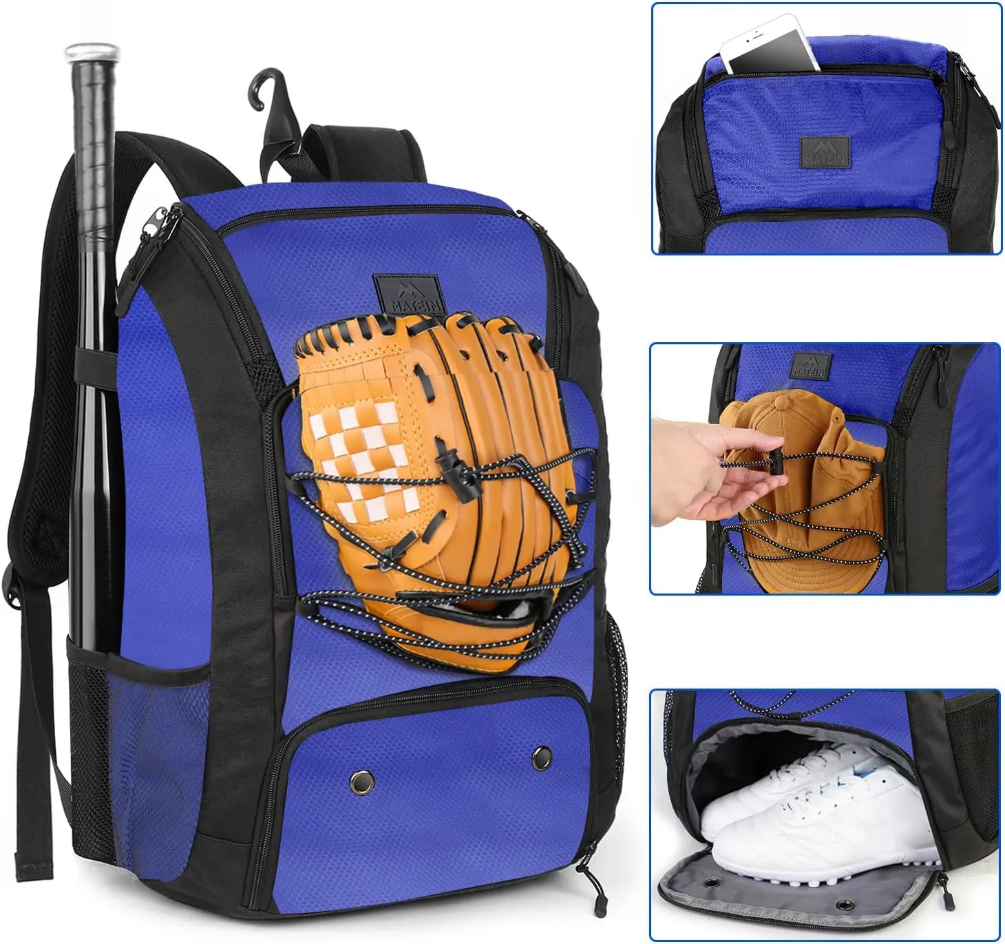 MATEIN Baseball Backpack, Softball Bat Bag with Shoes Compartment for Youth, Boys and Adult, Lightweight Baseball Bag with Fence Hook Hold TBall Bat, Batting Mitten, Helmet, Caps, Teeball Gear
