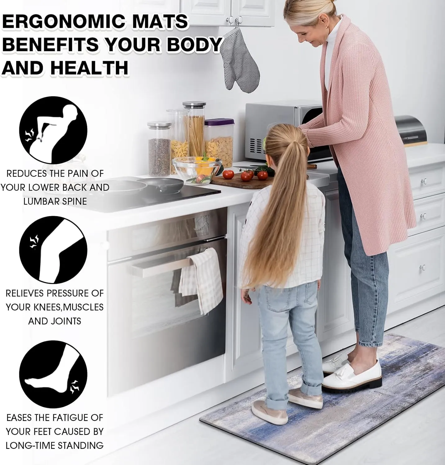 MAYHMYO Blue Kitchen Rugs Anti Fatigue Cushioned Non Skid Waterproof Runner Rug and Mats Memory Foam for Floor Laundry Office Sink