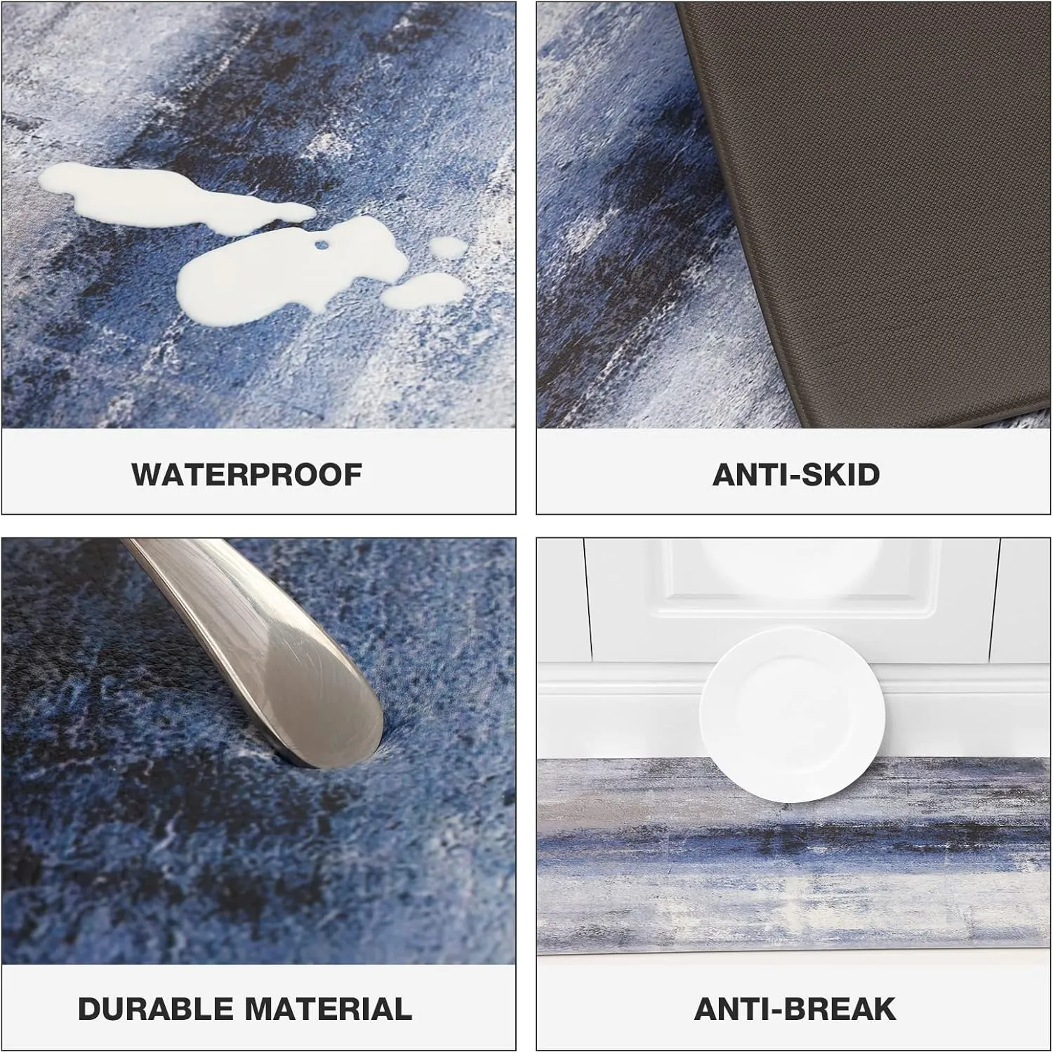 MAYHMYO Blue Kitchen Rugs Anti Fatigue Cushioned Non Skid Waterproof Runner Rug and Mats Memory Foam for Floor Laundry Office Sink