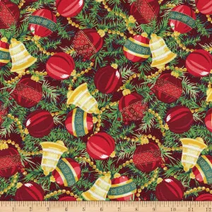 Maywood Studio Joyful Christmas Ornaments Metallic Fabric, Red Yard