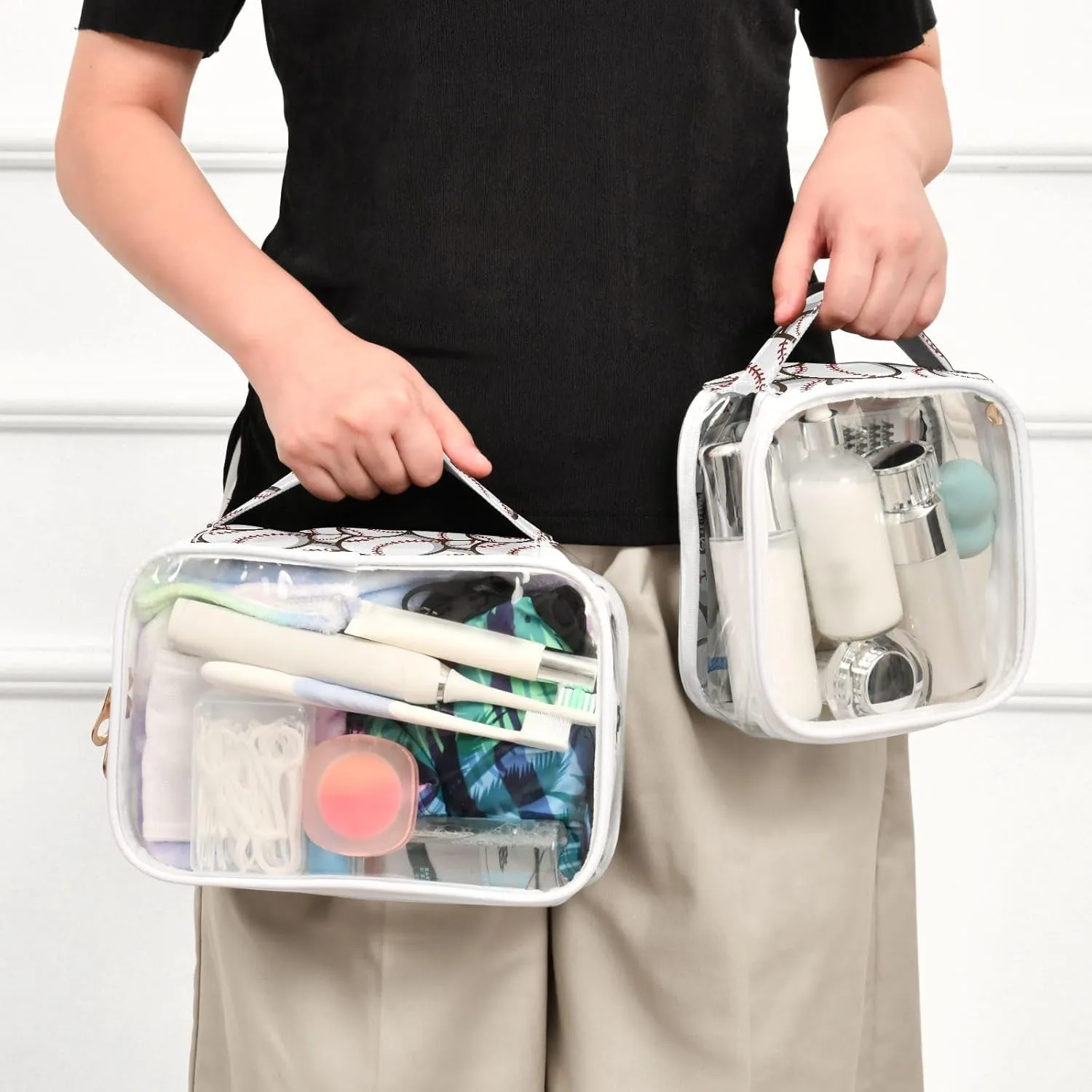 MCHIVER Cute Baseball Transparent Storage Bag Clear Cosmetic Makeup Bag with Handles Toiletry Carry Pouch Organizer Clear Makeup Case for Accessories Toilet Bathroom, Set of 2