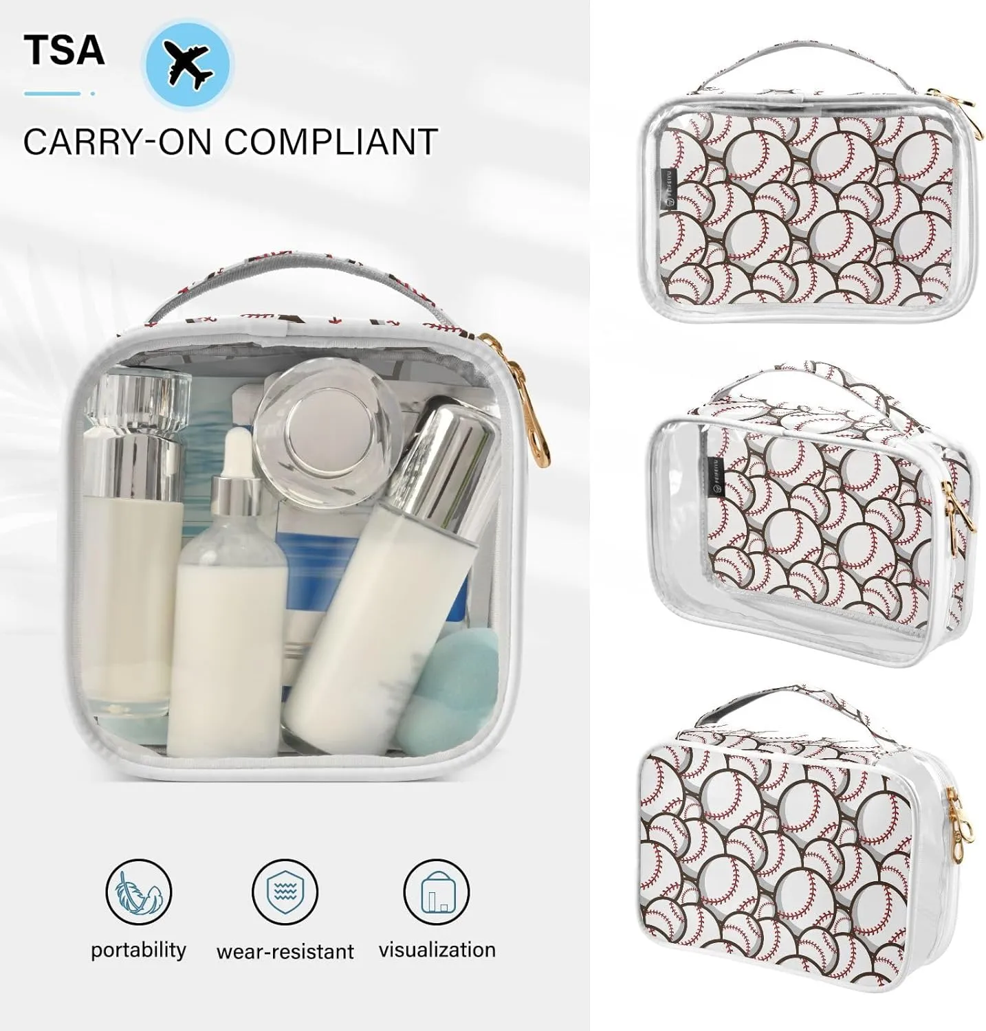 MCHIVER Cute Baseball Transparent Storage Bag Clear Cosmetic Makeup Bag with Handles Toiletry Carry Pouch Organizer Clear Makeup Case for Accessories Toilet Bathroom, Set of 2