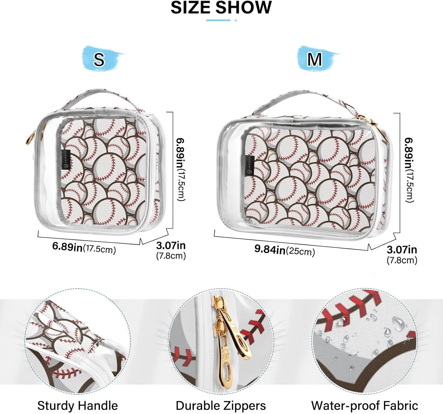 MCHIVER Cute Baseball Transparent Storage Bag Clear Cosmetic Makeup Bag with Handles Toiletry Carry Pouch Organizer Clear Makeup Case for Accessories Toilet Bathroom, Set of 2