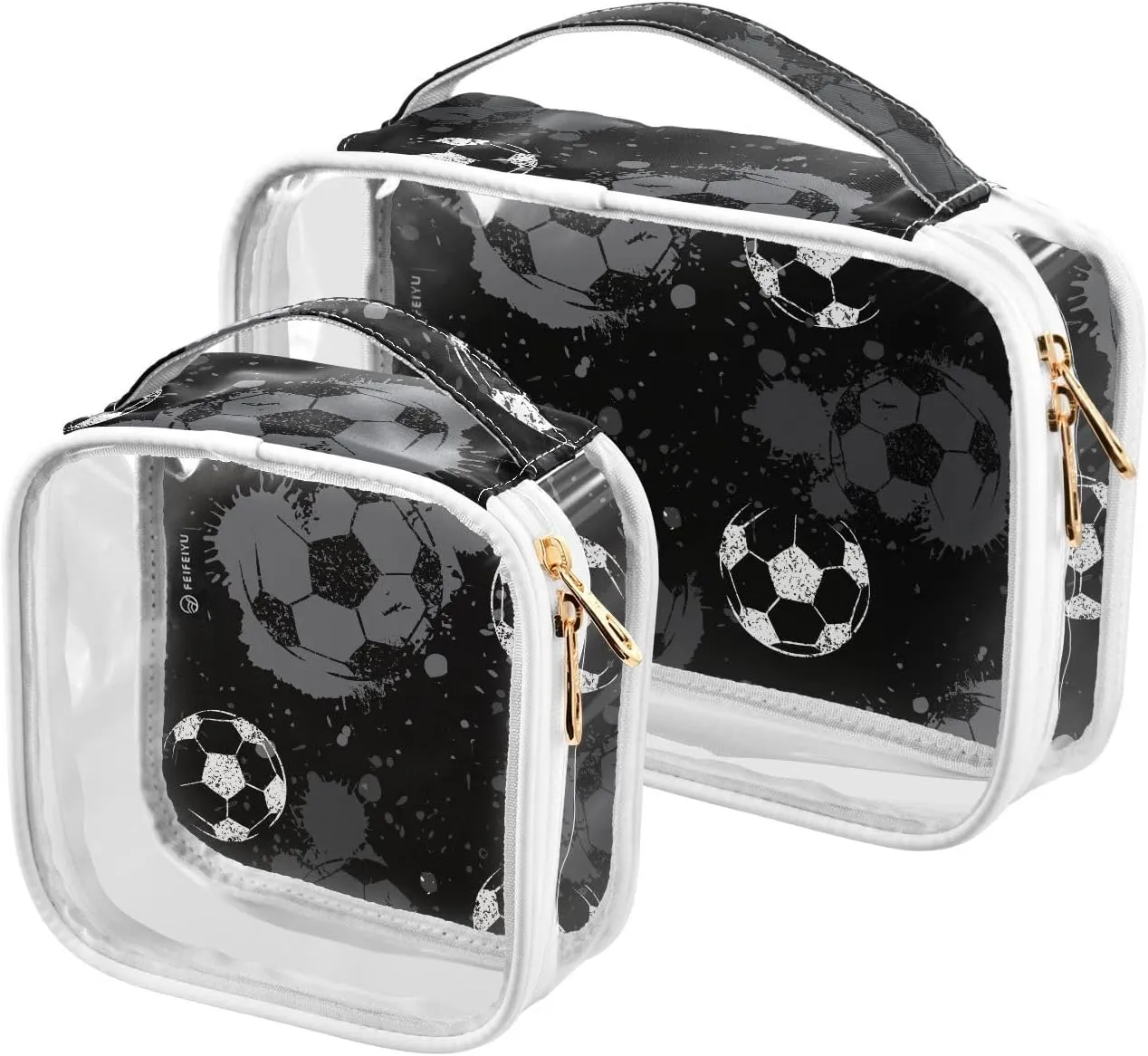 MCHIVER Football Sport Transparent Storage Bag Clear Cosmetic Makeup Bag with Handles Toiletry Carry Pouch Organizer Clear Zipper Bags for Ladies Gifts Vacation Must Haves, Set of 2