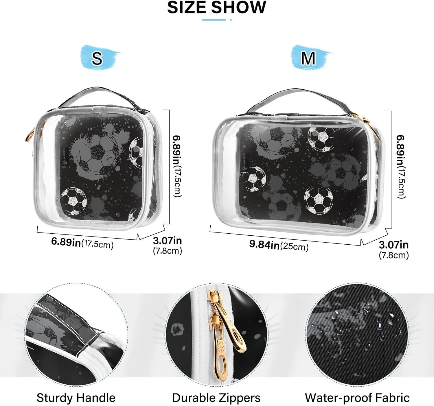 MCHIVER Football Sport Transparent Storage Bag Clear Cosmetic Makeup Bag with Handles Toiletry Carry Pouch Organizer Clear Zipper Bags for Ladies Gifts Vacation Must Haves, Set of 2