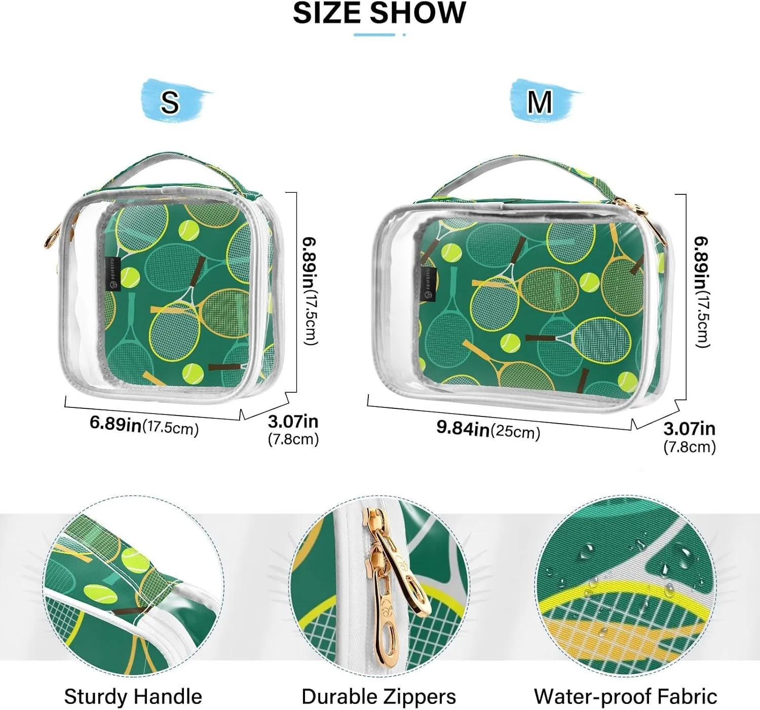 MCHIVER Tennis Ball Transparent Storage Bag Clear Cosmetic Makeup Bag with Handles Toiletry Carry Pouch Organizer Toiletry Bag for Accessories Toiletries Toilet, Set of 2