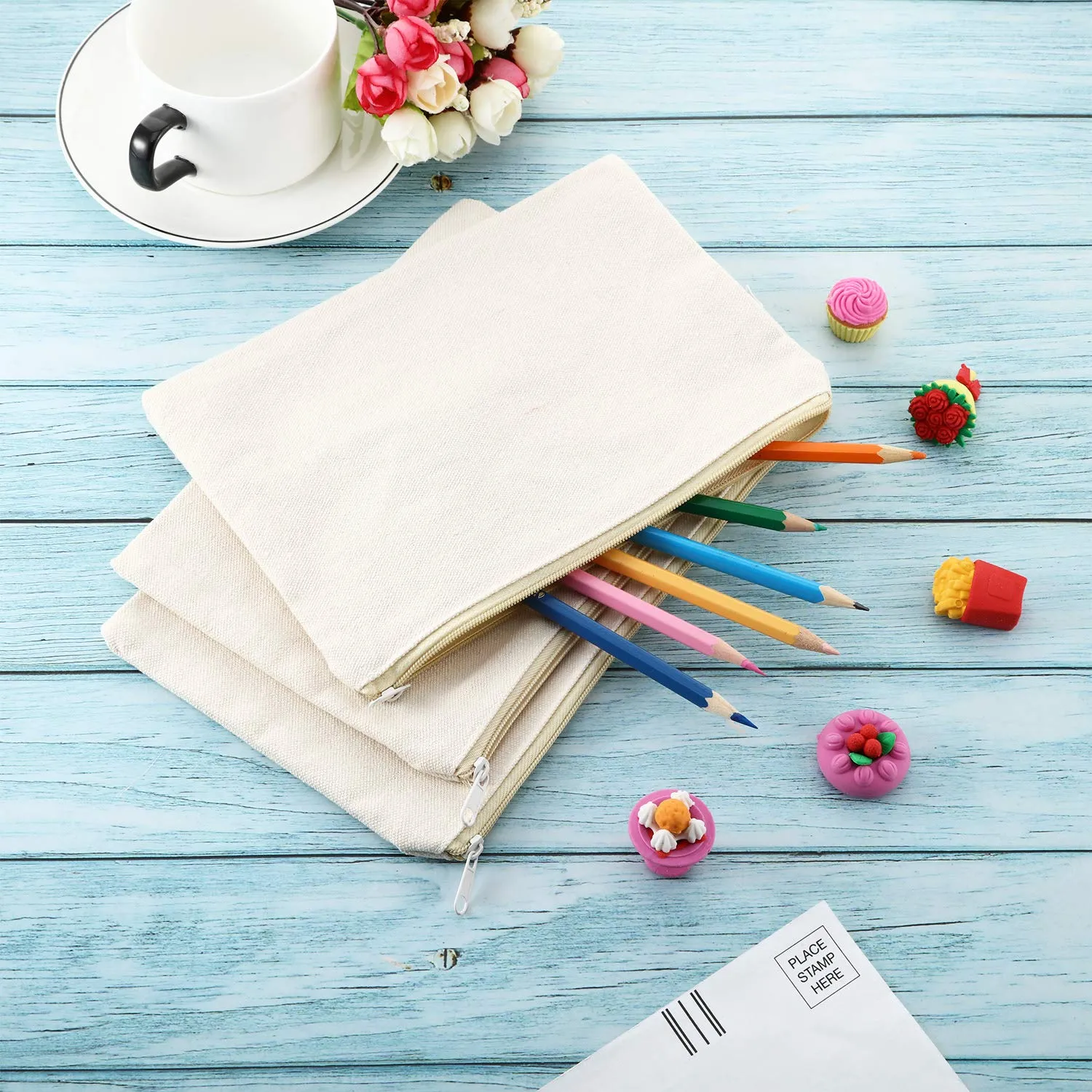 meekoo 16 Pack Canvas Blank Cosmetics Bag Multi-Purpose Zipper Canvas Makeup Pouches Travel Toiletry Pouches Pen Pencil Plain DIY Craft Bag (L, Beige and Black)
