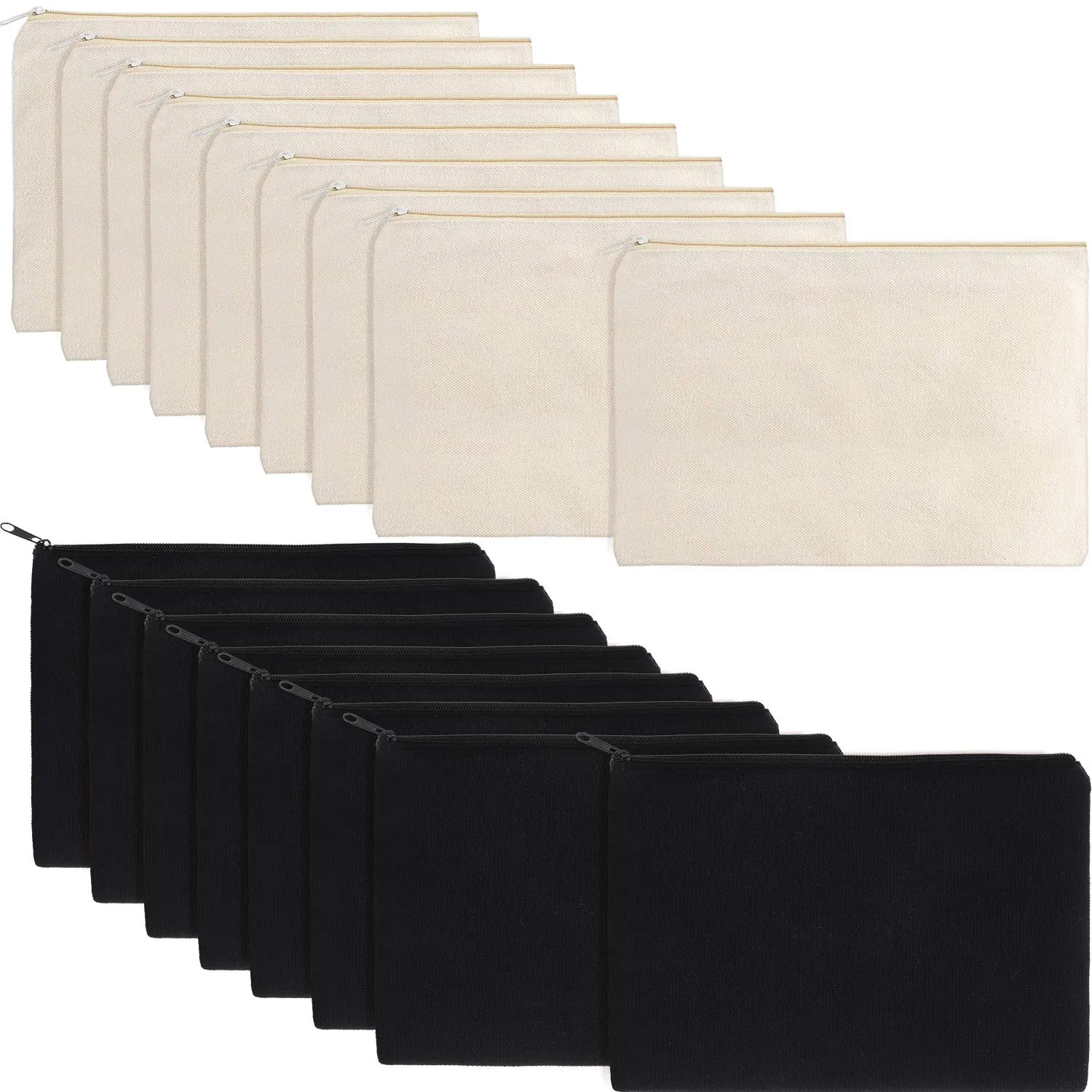 meekoo 16 Pack Canvas Blank Cosmetics Bag Multi-Purpose Zipper Canvas Makeup Pouches Travel Toiletry Pouches Pen Pencil Plain DIY Craft Bag (L, Beige and Black)
