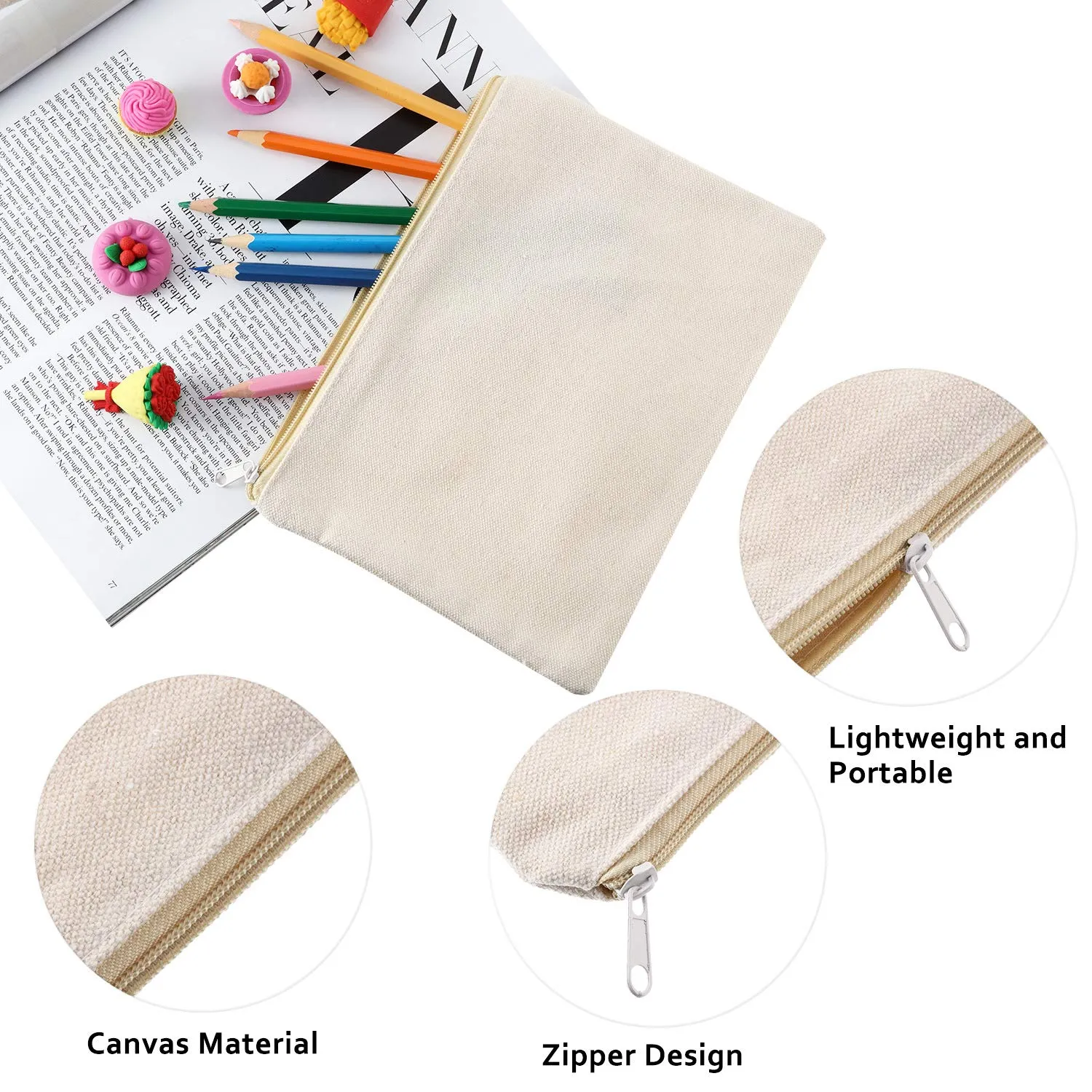 meekoo 16 Pack Canvas Blank Cosmetics Bag Multi-Purpose Zipper Canvas Makeup Pouches Travel Toiletry Pouches Pen Pencil Plain DIY Craft Bag (L, Beige and Black)