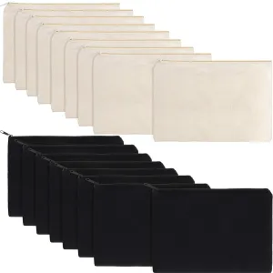 meekoo 16 Pack Canvas Blank Cosmetics Bag Multi-Purpose Zipper Canvas Makeup Pouches Travel Toiletry Pouches Pen Pencil Plain DIY Craft Bag (L, Beige and Black)
