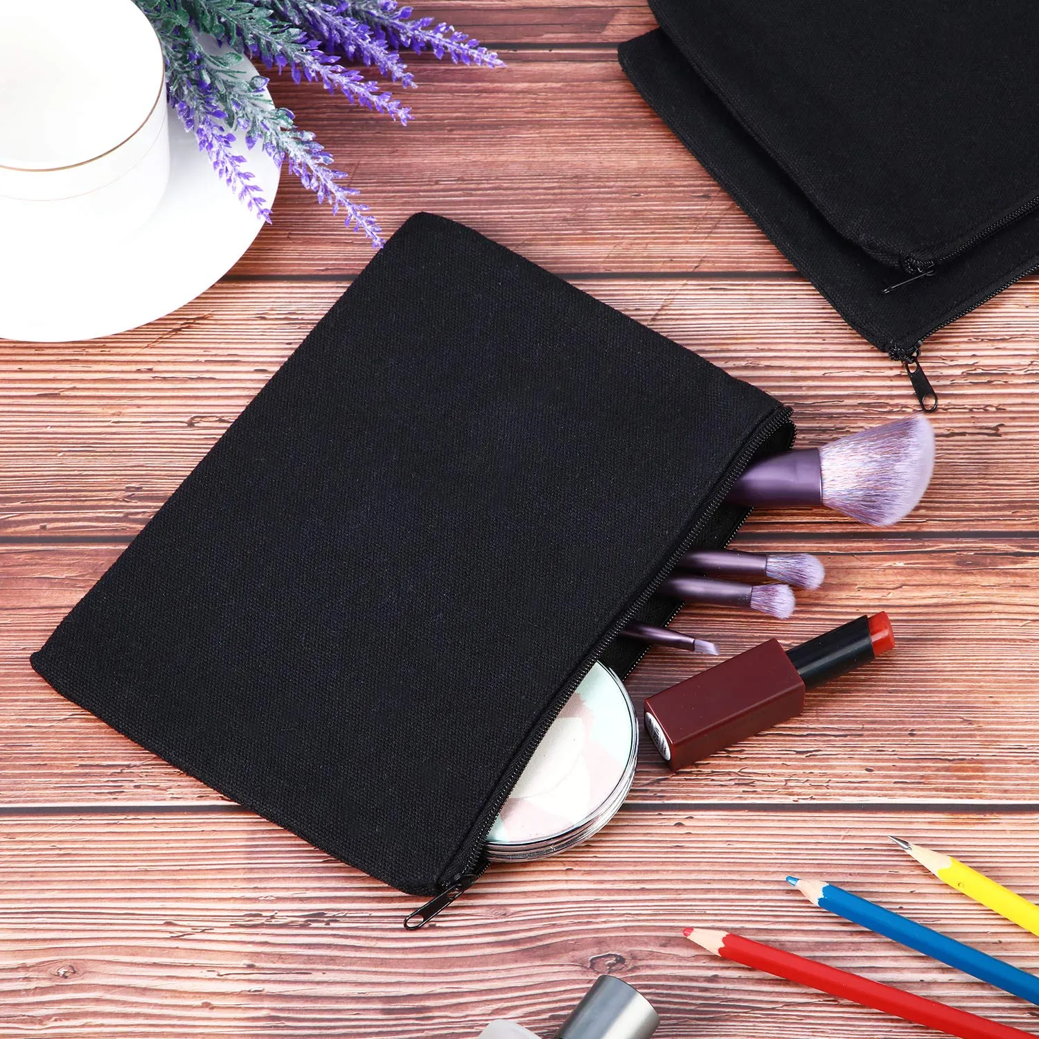 meekoo 16 Pack Canvas Blank Cosmetics Bag Multi-Purpose Zipper Canvas Makeup Pouches Travel Toiletry Pouches Pen Pencil Plain DIY Craft Bag (L, Beige and Black)