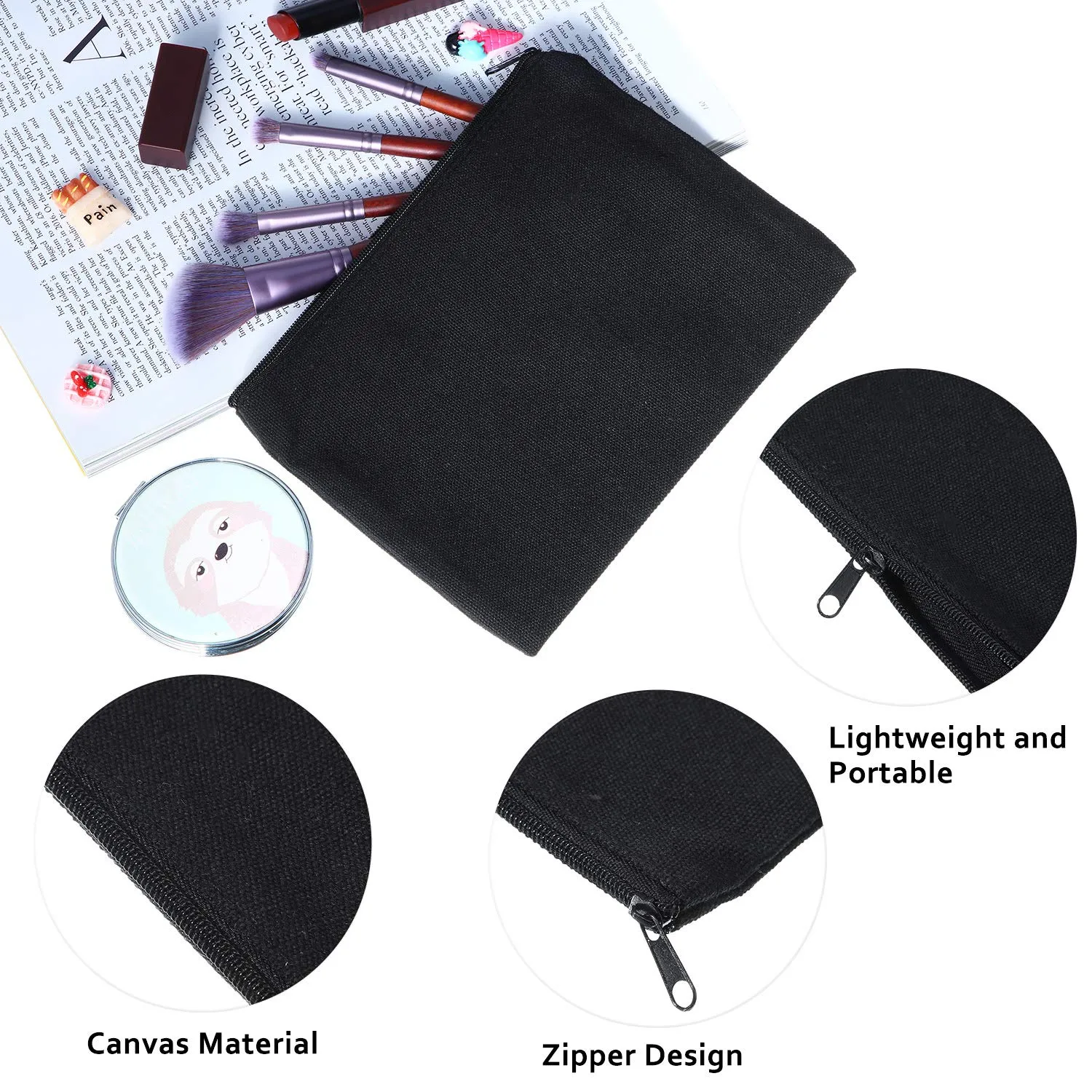 meekoo 16 Pack Canvas Blank Cosmetics Bag Multi-Purpose Zipper Canvas Makeup Pouches Travel Toiletry Pouches Pen Pencil Plain DIY Craft Bag (L, Black)