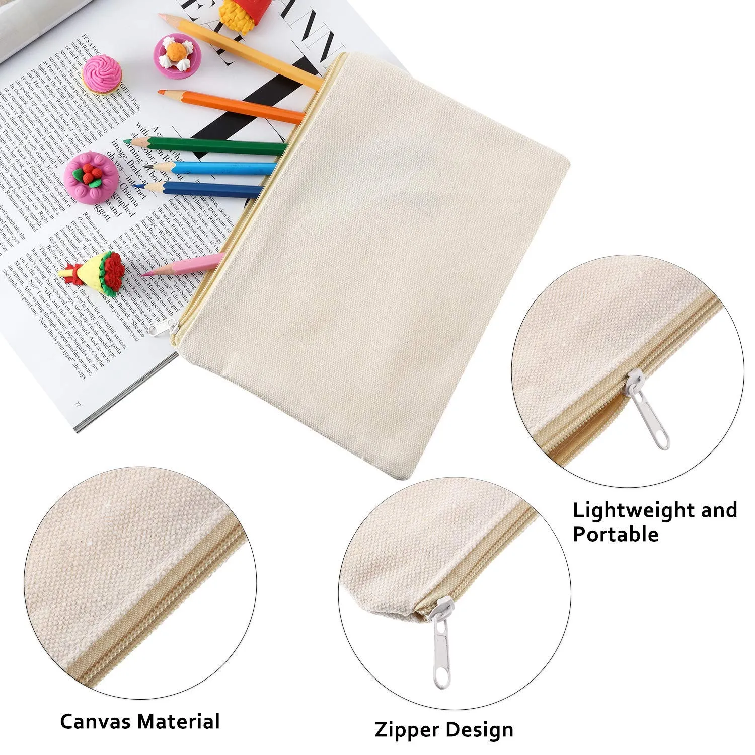 meekoo 16 Pack Canvas Blank Cosmetics Bag Multi-Purpose Zipper Canvas Makeup Pouches Travel Toiletry Pouches Pen Pencil Plain DIY Craft Bag(M,Beige)