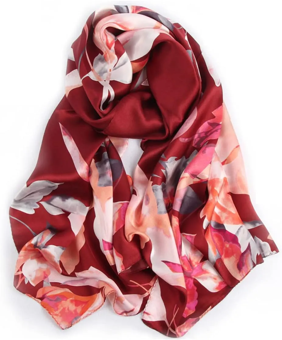 MEISEE 100% Mulberry Silk Long Scarf for Women Large Oblong Sunscreen Shawls Wraps Neck Headscarf Hair Wraps with Gift Packed (Yellow and black flowers)
