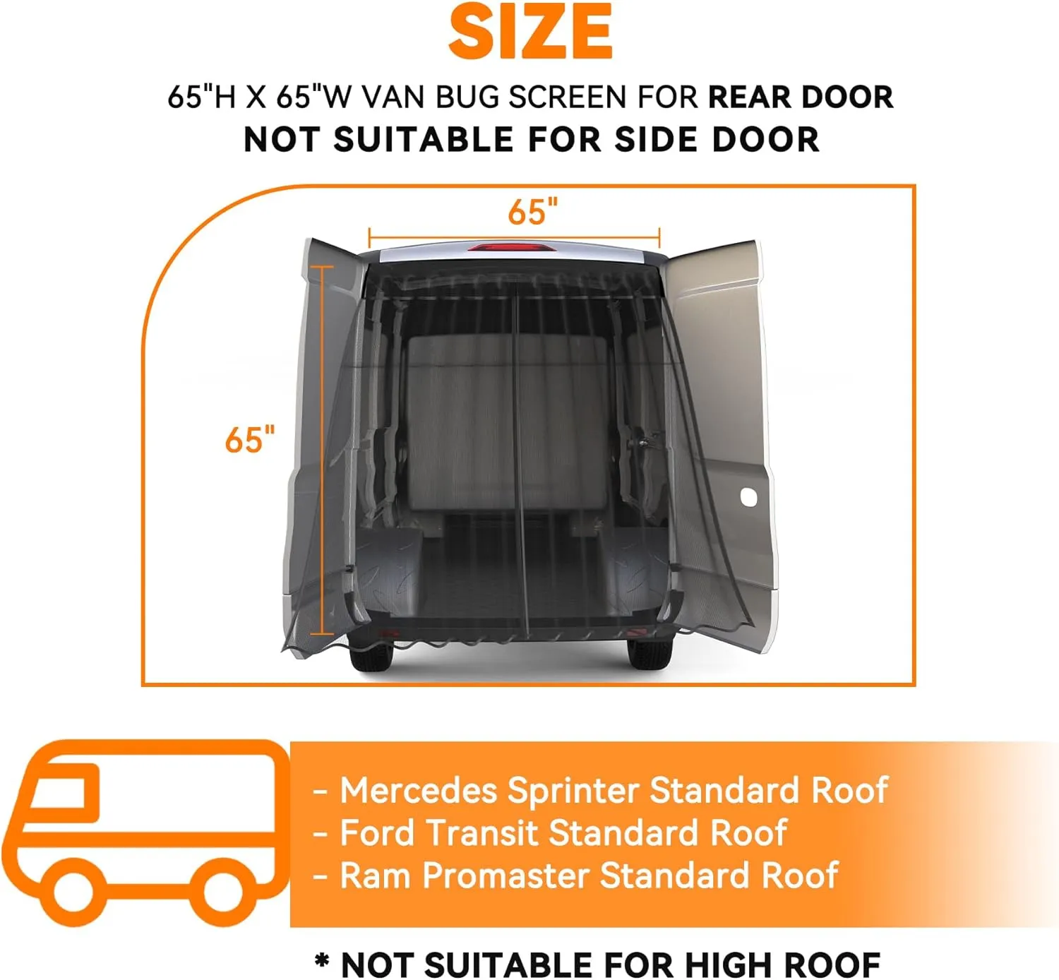 MELIPRON Van Bug Screen for Campervans, Magnetic Van Bug Net Mesh Screen Curtain Fit for Ford Transit, Sprinter, RAM Promaster Standard Roof Mosquito Net for RV Screen Rear Door 65" W x 65" H