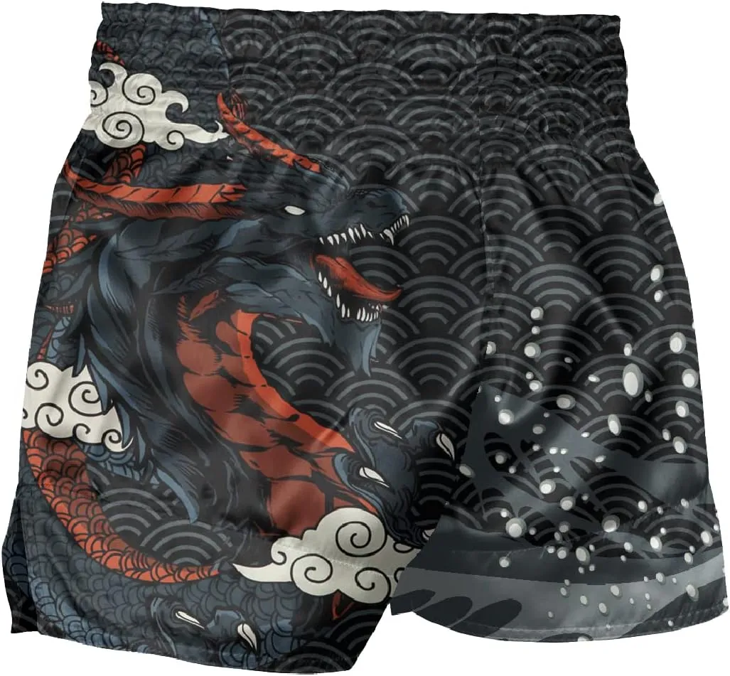 Men Muay Thai Boxing Shorts Sea Wave Dragon Loong MMA Club Training Trunks