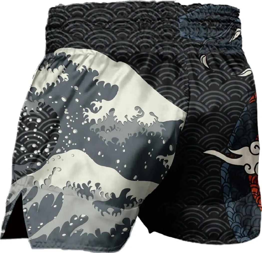 Men Muay Thai Boxing Shorts Sea Wave Dragon Loong MMA Club Training Trunks