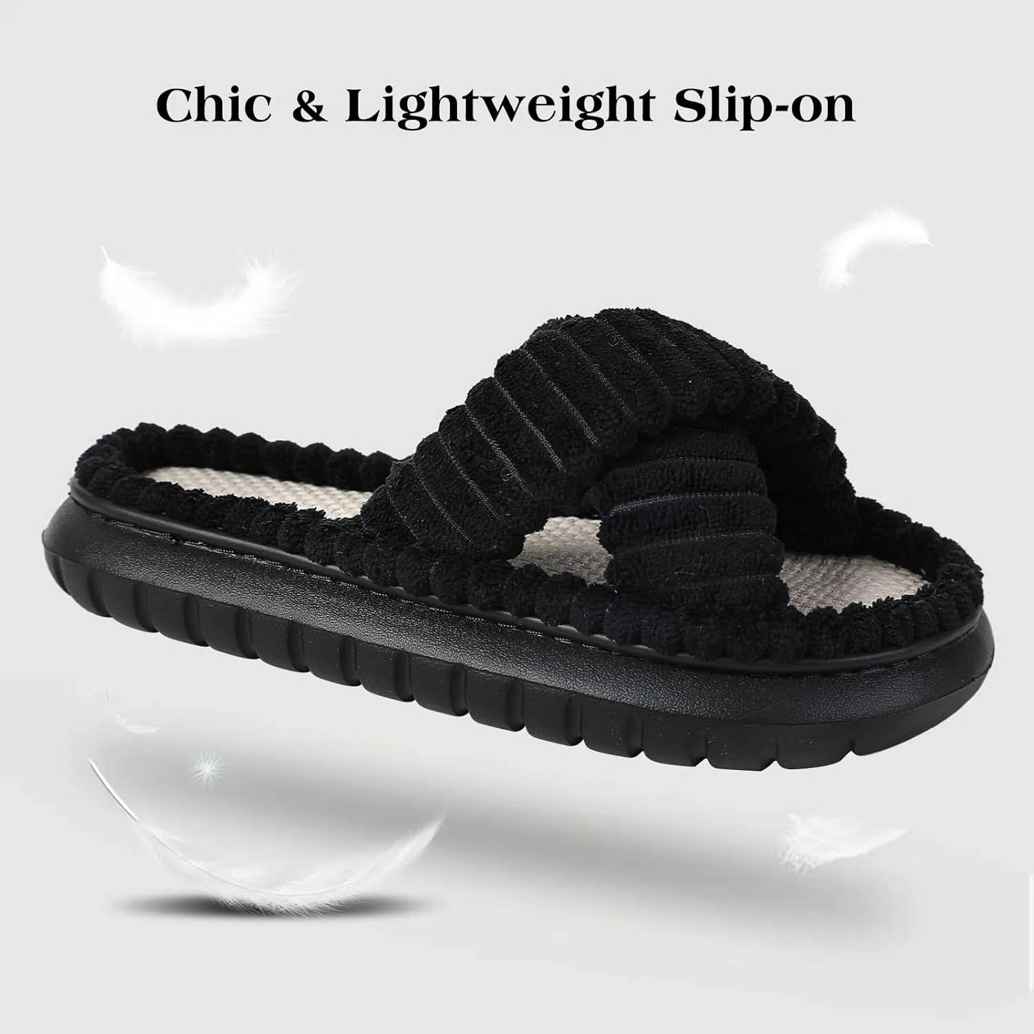 Menore Slippers for Women Crossbands House Bedroom Slides Linen Open Toe Cozy Corduroy Fuzzy Slide Sandals Indoor Outdoor Four Seasons