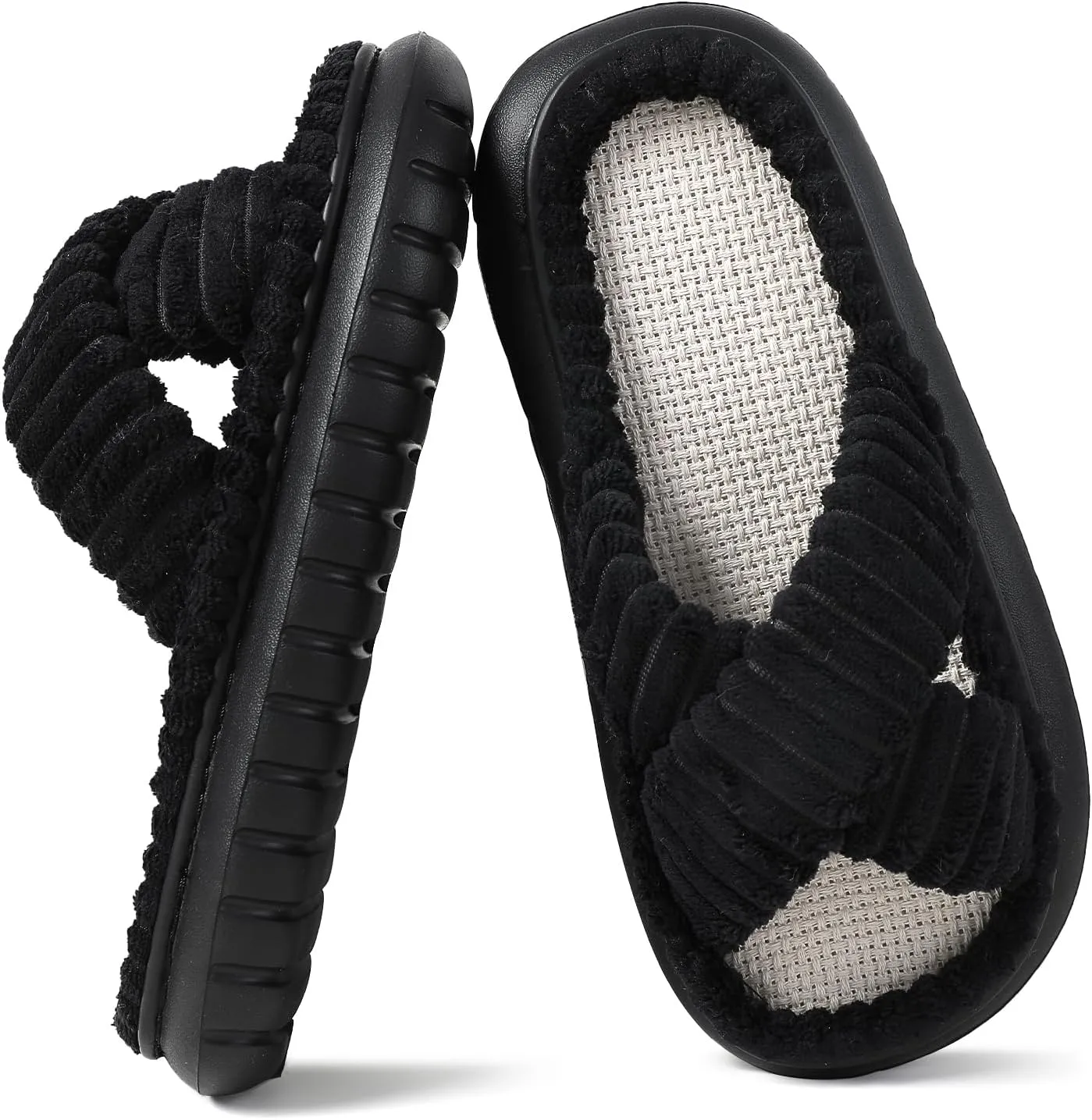 Menore Slippers for Women Crossbands House Bedroom Slides Linen Open Toe Cozy Corduroy Fuzzy Slide Sandals Indoor Outdoor Four Seasons