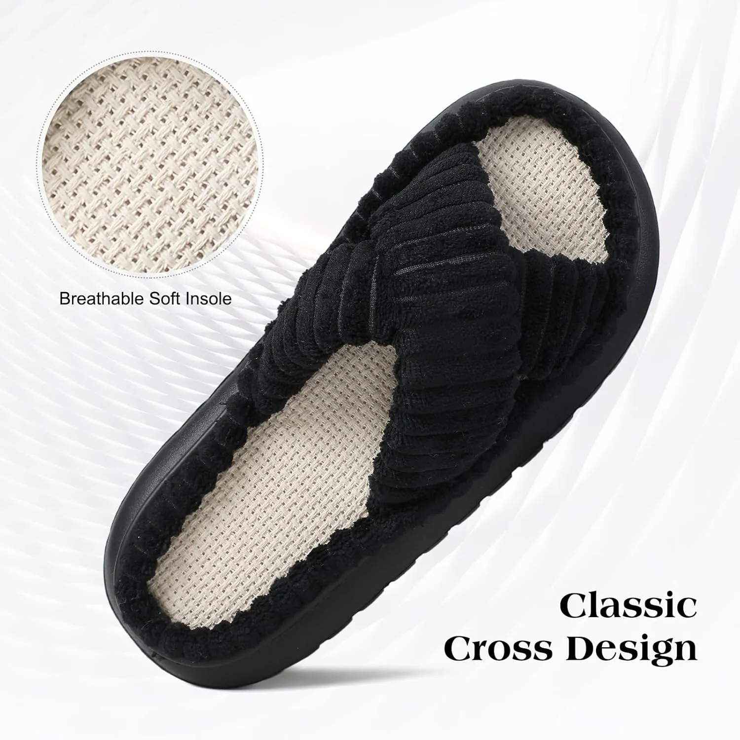 Menore Slippers for Women Crossbands House Bedroom Slides Linen Open Toe Cozy Corduroy Fuzzy Slide Sandals Indoor Outdoor Four Seasons