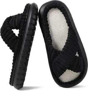 Menore Slippers for Women Crossbands House Bedroom Slides Linen Open Toe Cozy Corduroy Fuzzy Slide Sandals Indoor Outdoor Four Seasons