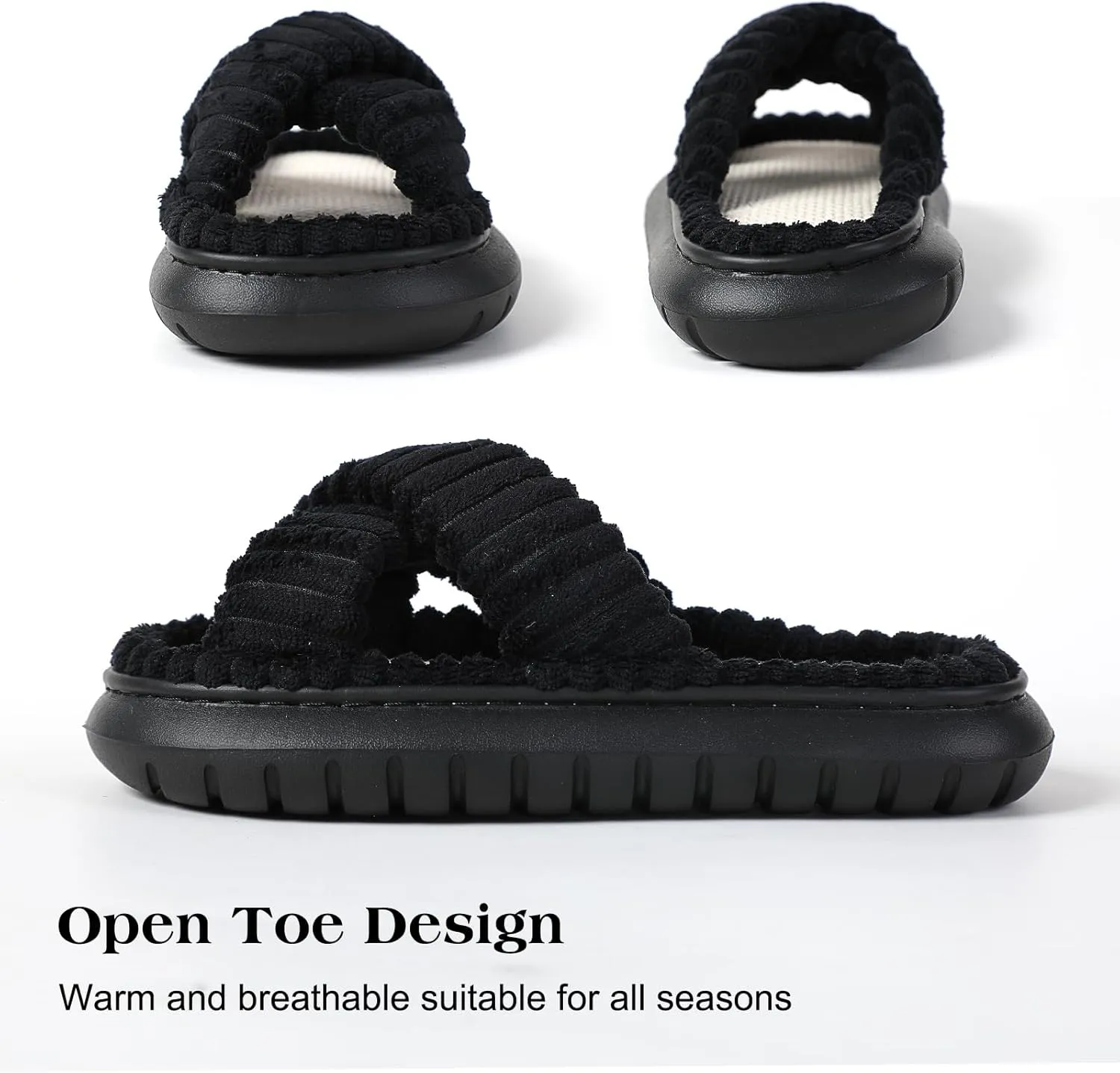 Menore Slippers for Women Crossbands House Bedroom Slides Linen Open Toe Cozy Corduroy Fuzzy Slide Sandals Indoor Outdoor Four Seasons