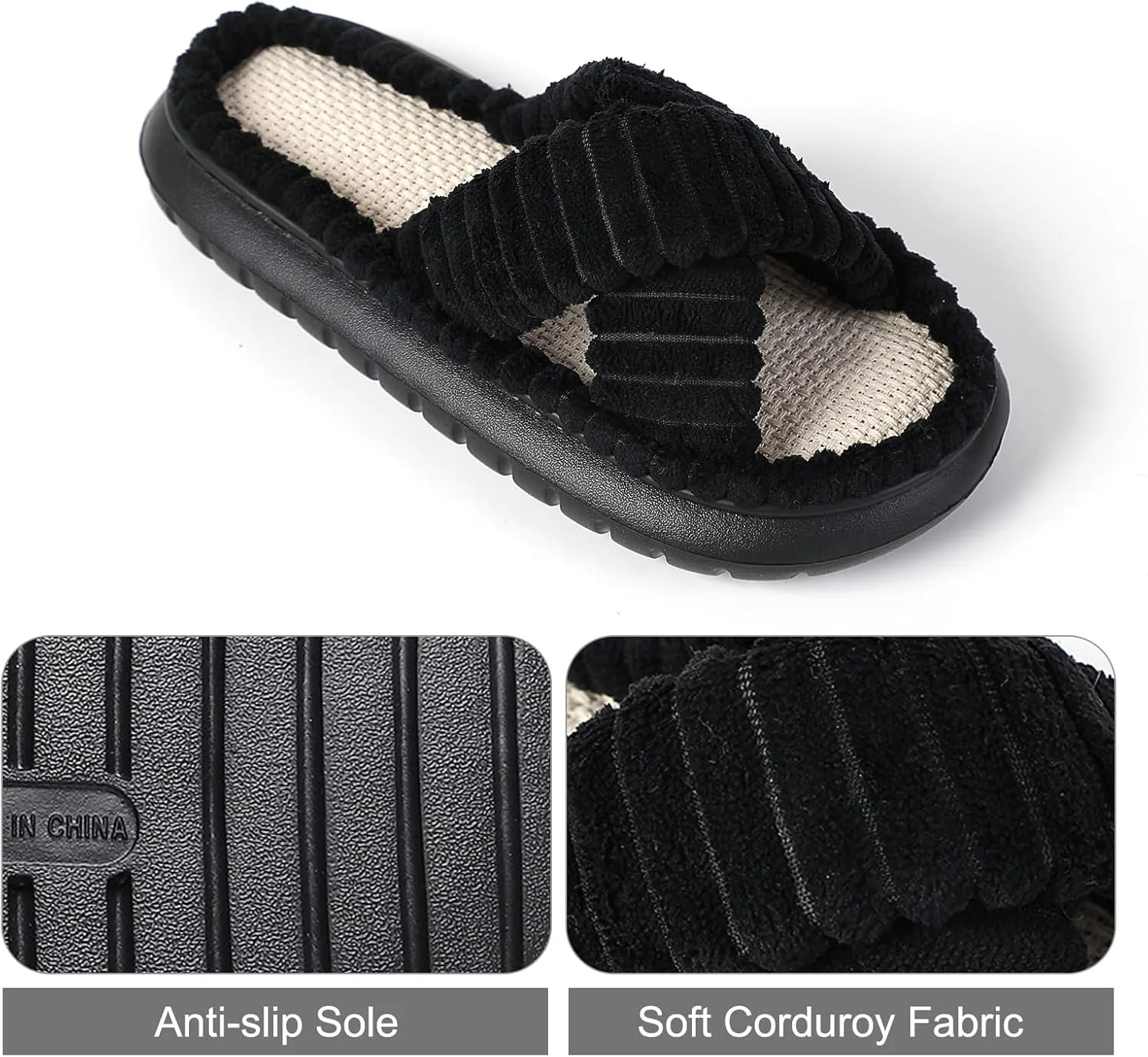 Menore Slippers for Women Crossbands House Bedroom Slides Linen Open Toe Cozy Corduroy Fuzzy Slide Sandals Indoor Outdoor Four Seasons