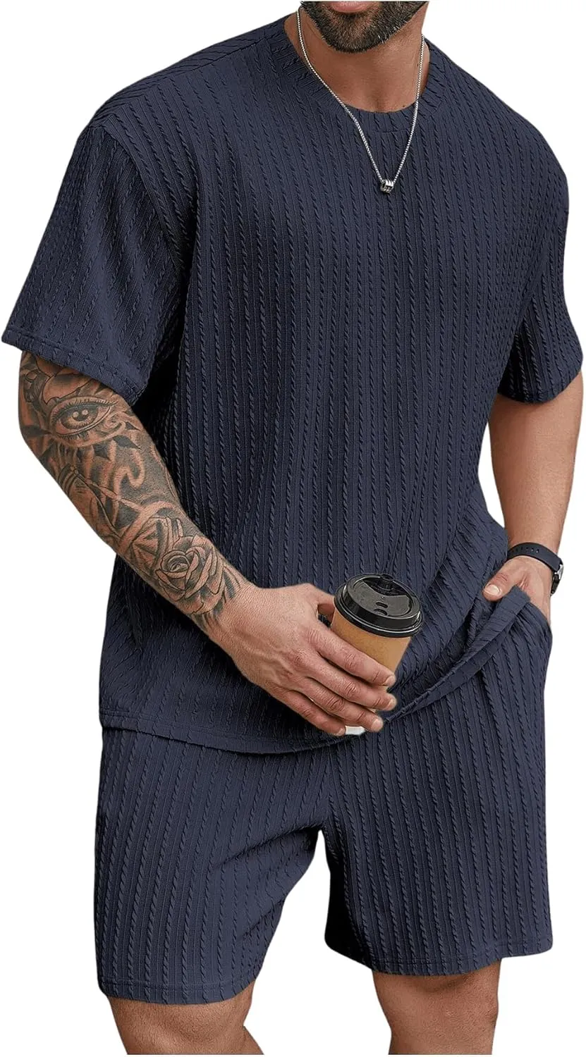 Men's 2 Piece Outfits Textured Drop Shoulder T Shirt and Short Sets Summer Outfits Tracksuit