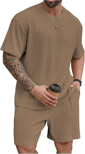 Men's 2 Piece Outfits Textured Drop Shoulder T Shirt and Short Sets Summer Outfits Tracksuit